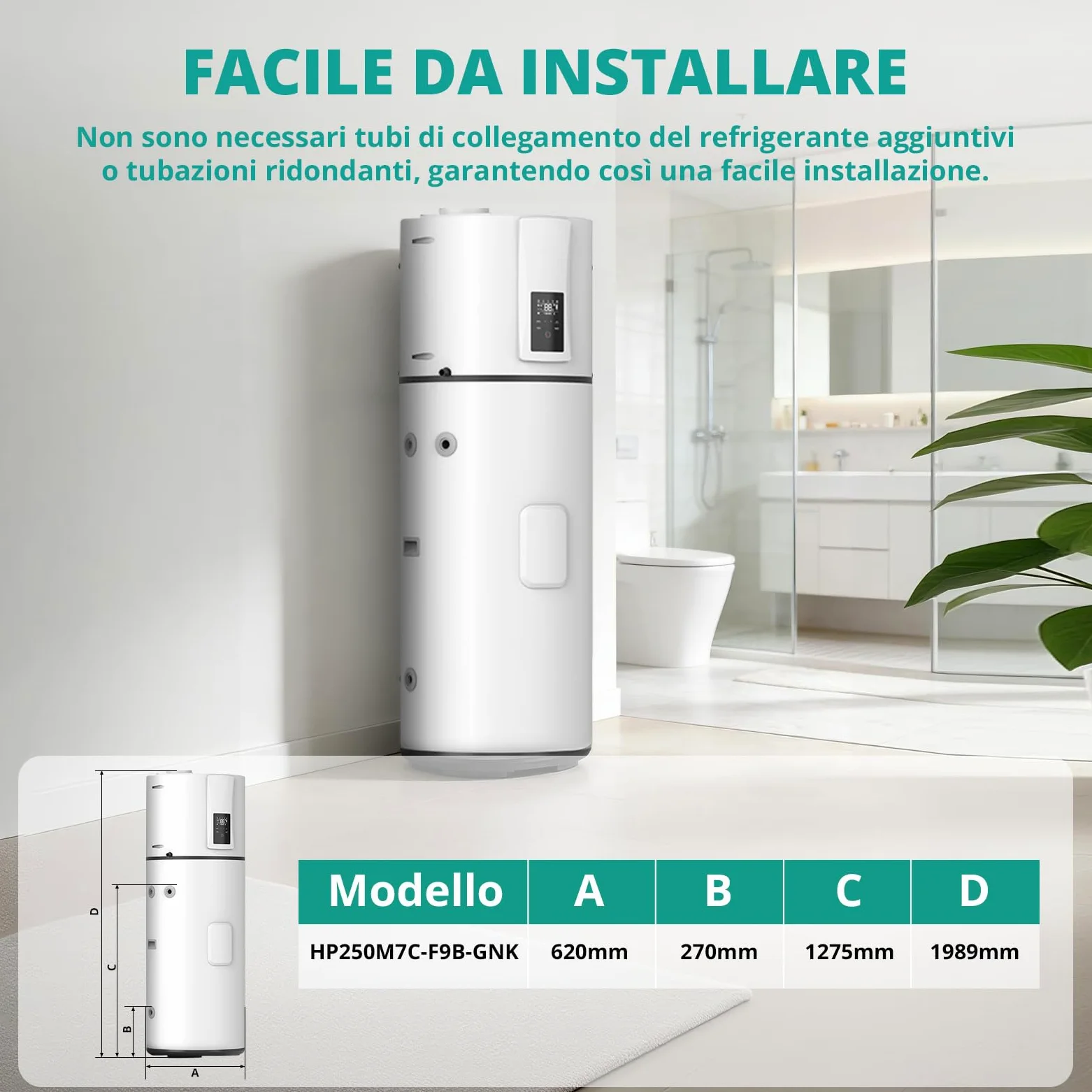 Pompa di calore verticale 240 L, R290 Pompa di calore ad aria per ville, alberghi, case vacanze, commerciali ed esterni, silenziosa 50 dB, riscaldamento rapido a 75 °C, WiFi, compatibile con solare