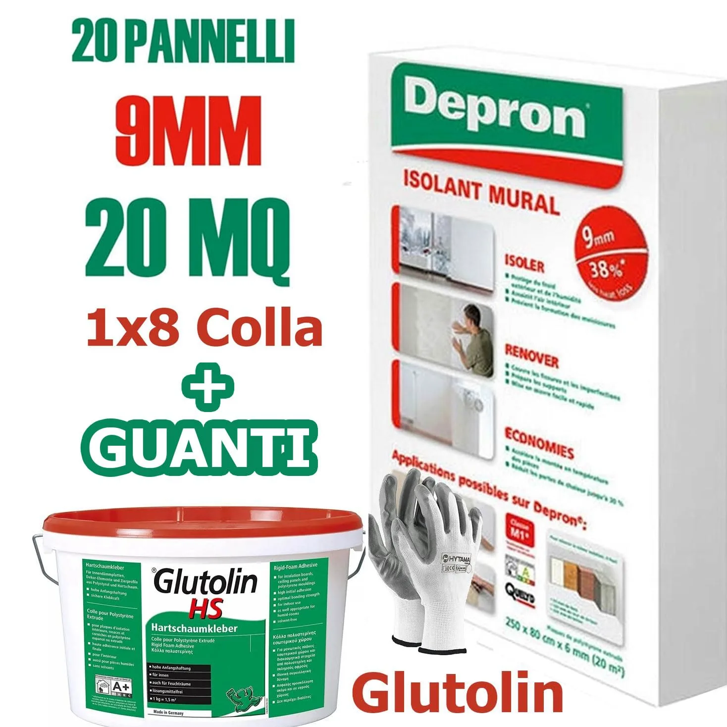 DEPRON Pannelli Isolanti 9 mm (125×80 cm) – Confezione 20 m² + Colla Glutolin 8 kg | Isolamento Termico e Acustico per Pareti e Soffitti | 1 paio di guanti in nitrile HYTAMA TOOLS