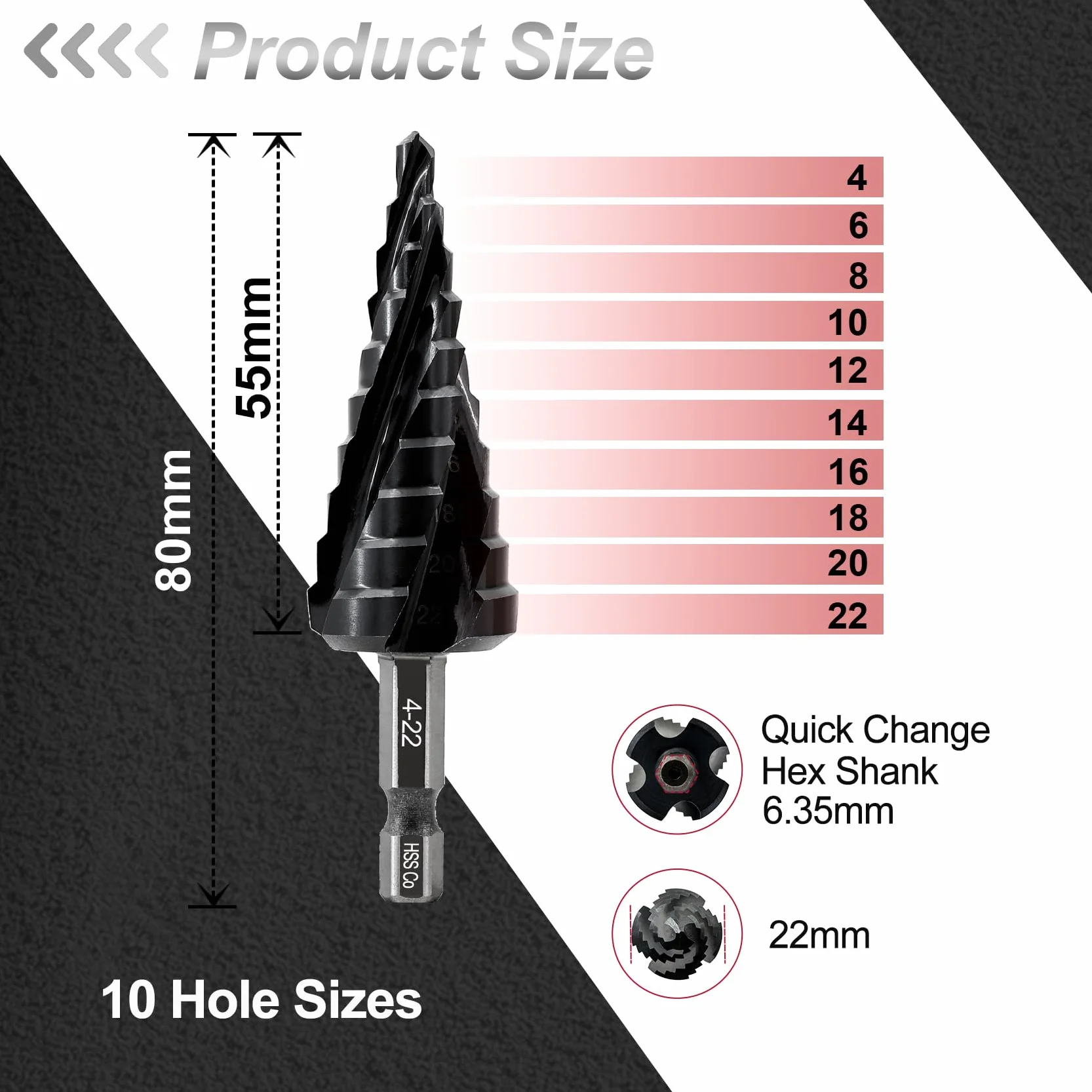 FOCSTOL Fresa Conica per Metallo - 4-22mm Punta Gradini Cobalto M35 con Attacco Esagonale Cambio Rapido per Acciaio Inox Metallo Alluminio Rame Plastica Legno