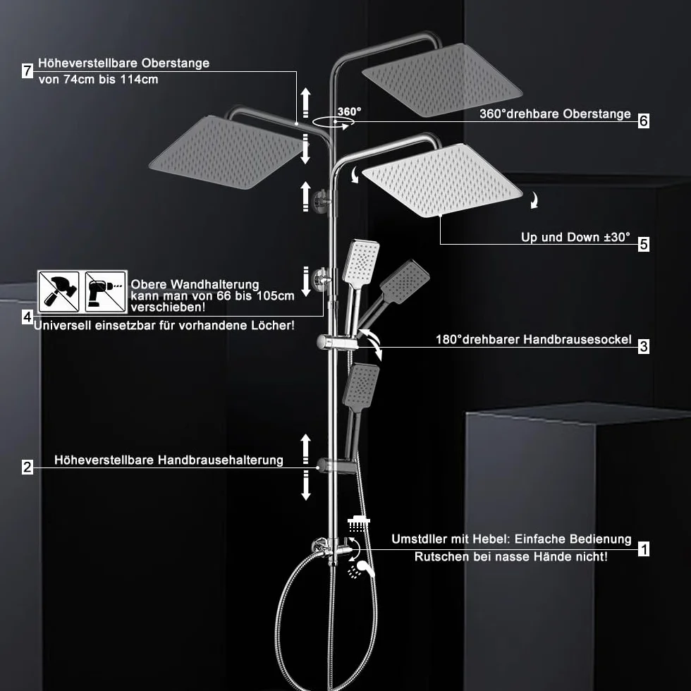 Görbach Colonna Doccia senza Miscelatore, Colonna Doccia Acciaio Inox con Saliscendi Doccia Altezza Regolabile 74-114cm, Set Doccia a Pioggia con Doccetta e Mensola, Soffione 30x30cm, Cromo
