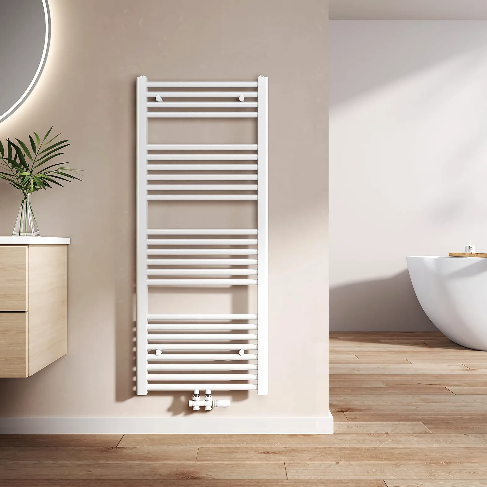 EMKE Scaldasalviette termoarredo, 120 x 50 cm, bianco colore, radiatore scaldasalviette ad acqua calda, termoarredo da bagno con collegamento centrale