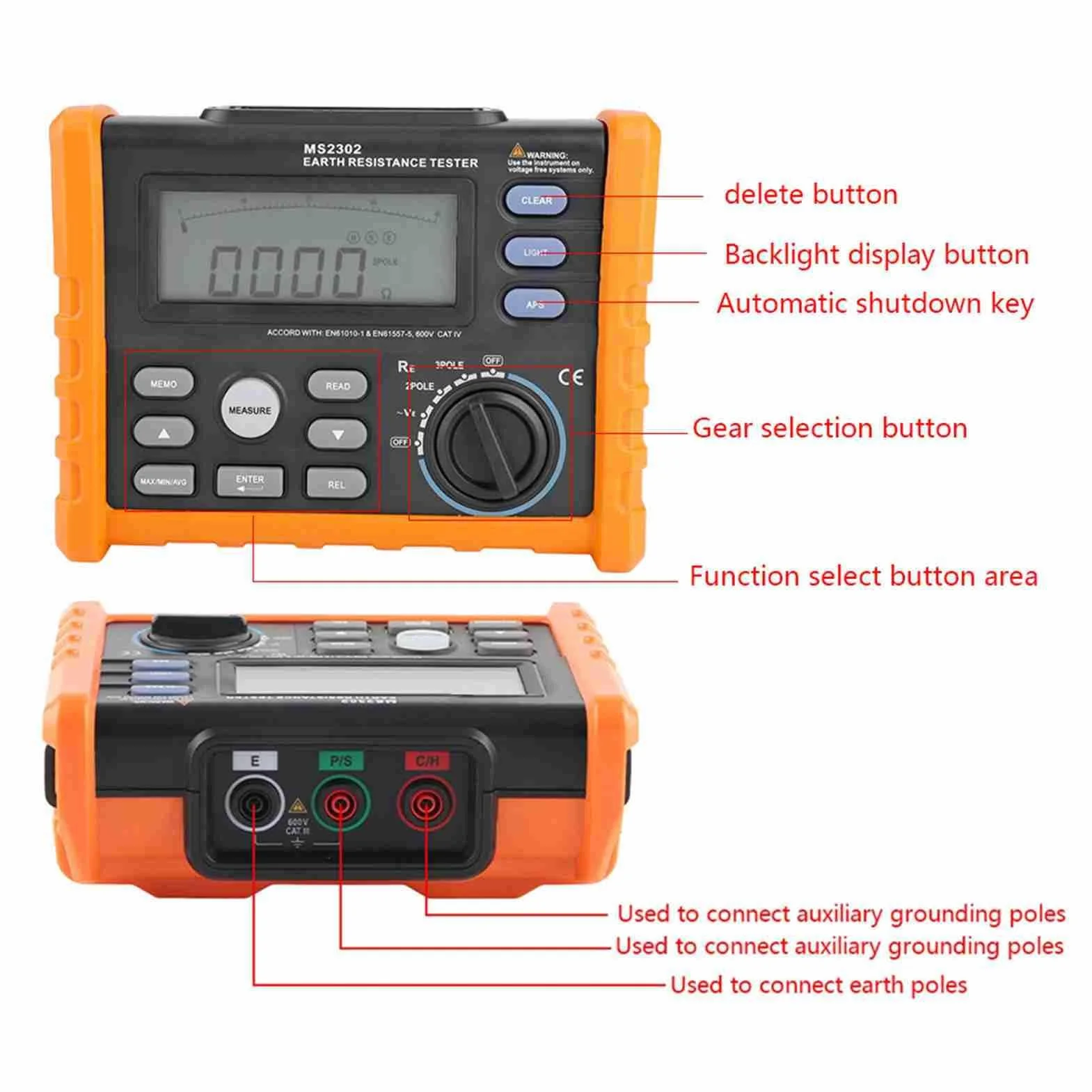 PEAKMETER MS2302 Tester Ohm per Asta di Messa a Terra Digitale, Misuratore Analogico Tester di Resistenza di Terra, 0~4K Ohm 100 Gruppi Registrazione Dati con Display LCD