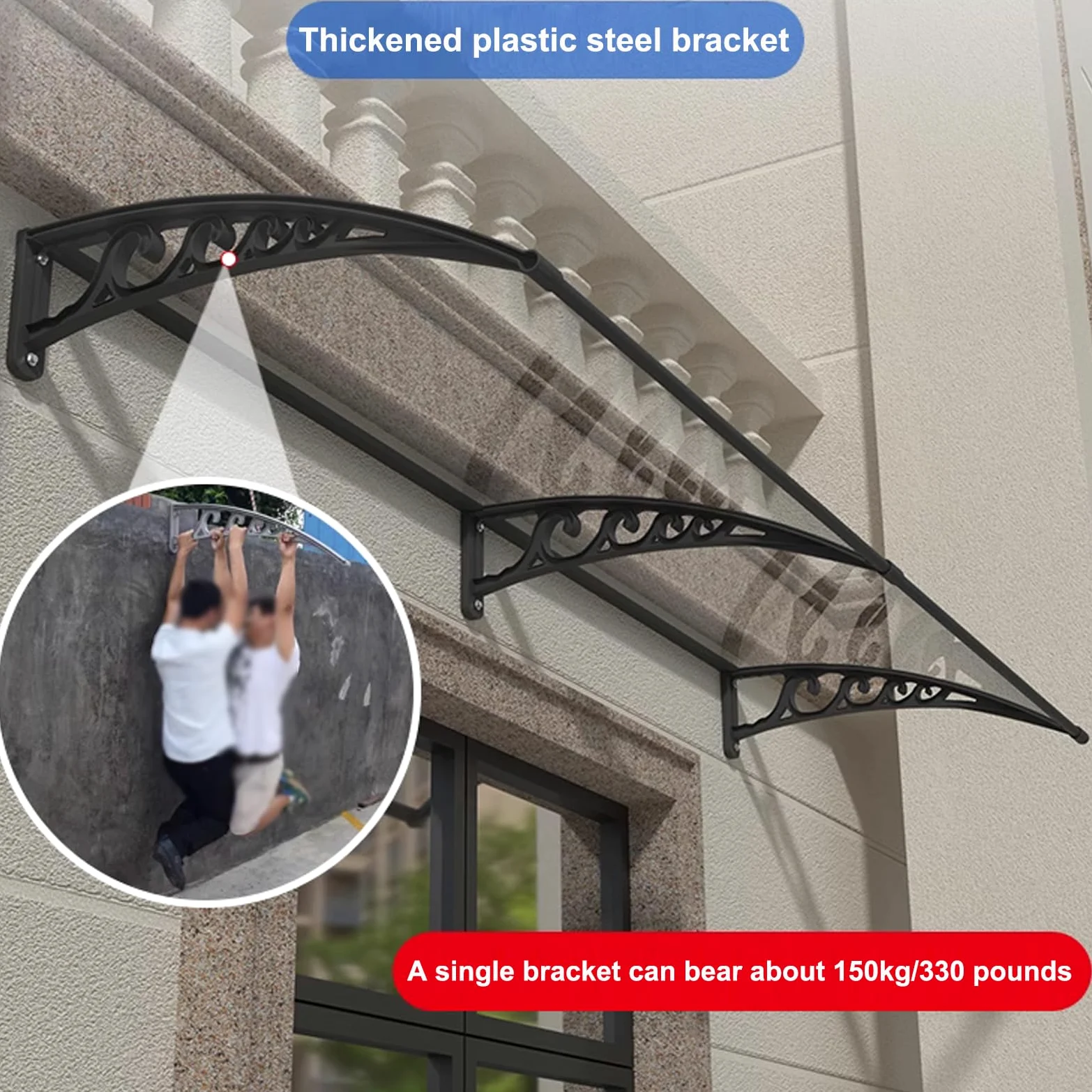 Pensilina Tettoia per Finestra,Pensilina Ingresso Trasparente,Tettoia per Porta Curva,Pensilina Copriporta,Tende da Sole,Pioggia UV Neve Protezione,Con Staffa,per Esterno (60x150cm/24"x59",Black)
