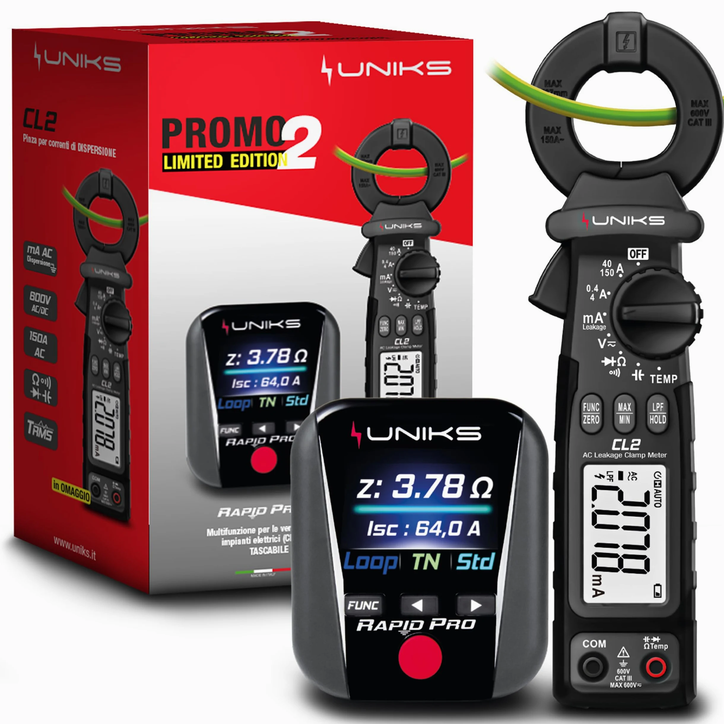 UNIKS - Kit RAPIDPROEDITION2 CL2 + RapidPRO – Pinza Amperometrica per Dispersione e Tester Professionale RCD, Terra e Prese, Multimetro TRMS AC/DCe