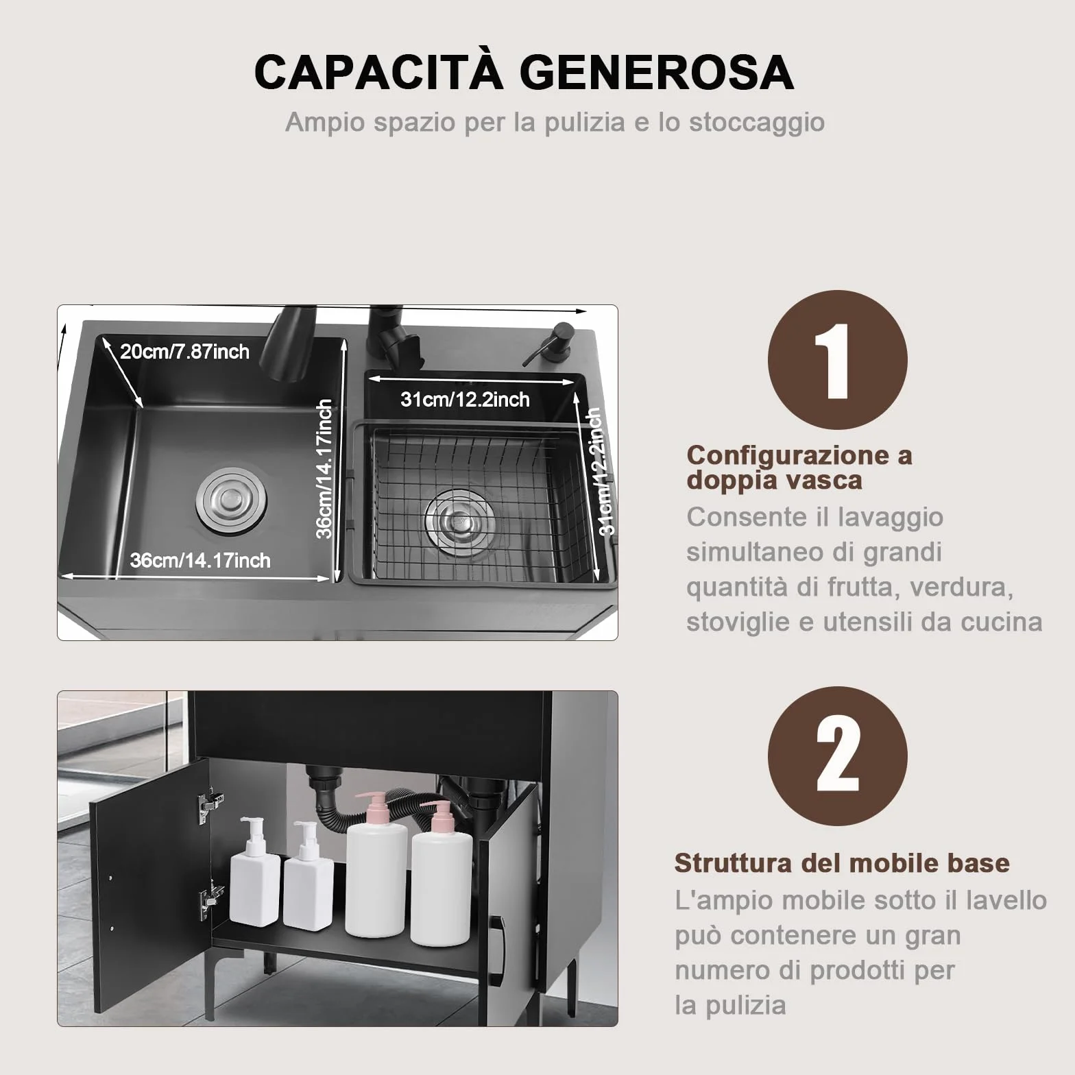 Lavello da cucina autoportante, lavello per bucato con armadio in legno, lavello in acciaio inox con doppia vasca, lavello a 2 vasche con rubinetto estraibile, scolapiatti, dispenser di sapone (nero