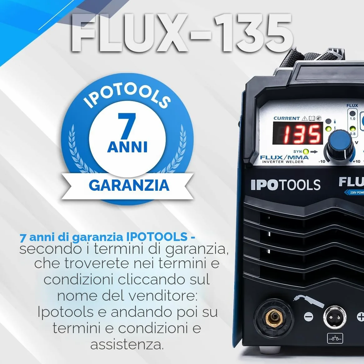 IPOTOOLS FLUX-135 - Saldatrice a filo di riempimento, senza gas, 135 A, senza gas, per saldatrice, filo di riempimento 0,8 mm o 1,0 mm, con MMA/IGBT/230 V