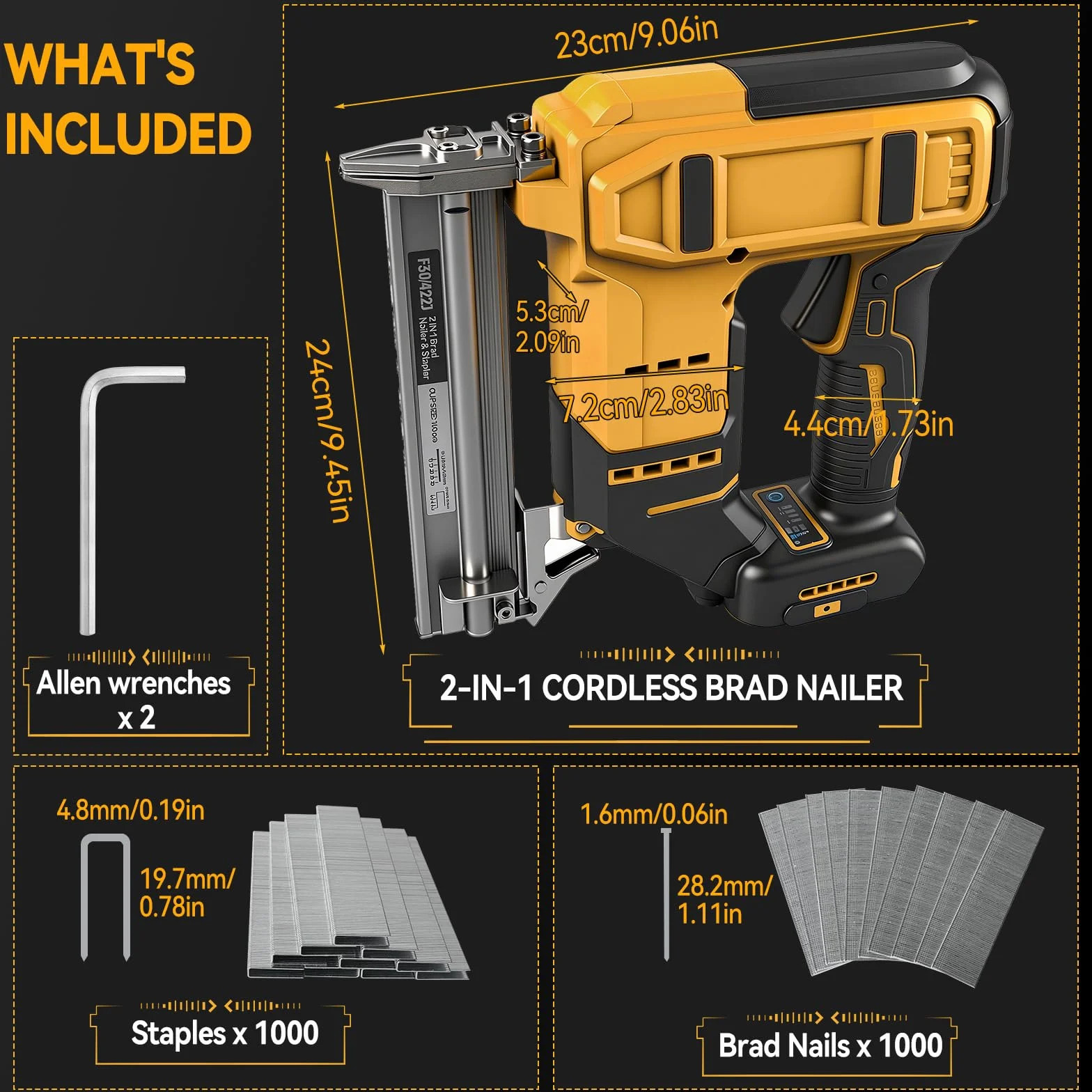 Cappotto senza fili 18GA compatibile con batteria Dewalt 20V MAX, chiodatrice a corona stretta senza spazzole con 1000 chiodi e 1000 graffette per fai-da-te e lavorazione del legno