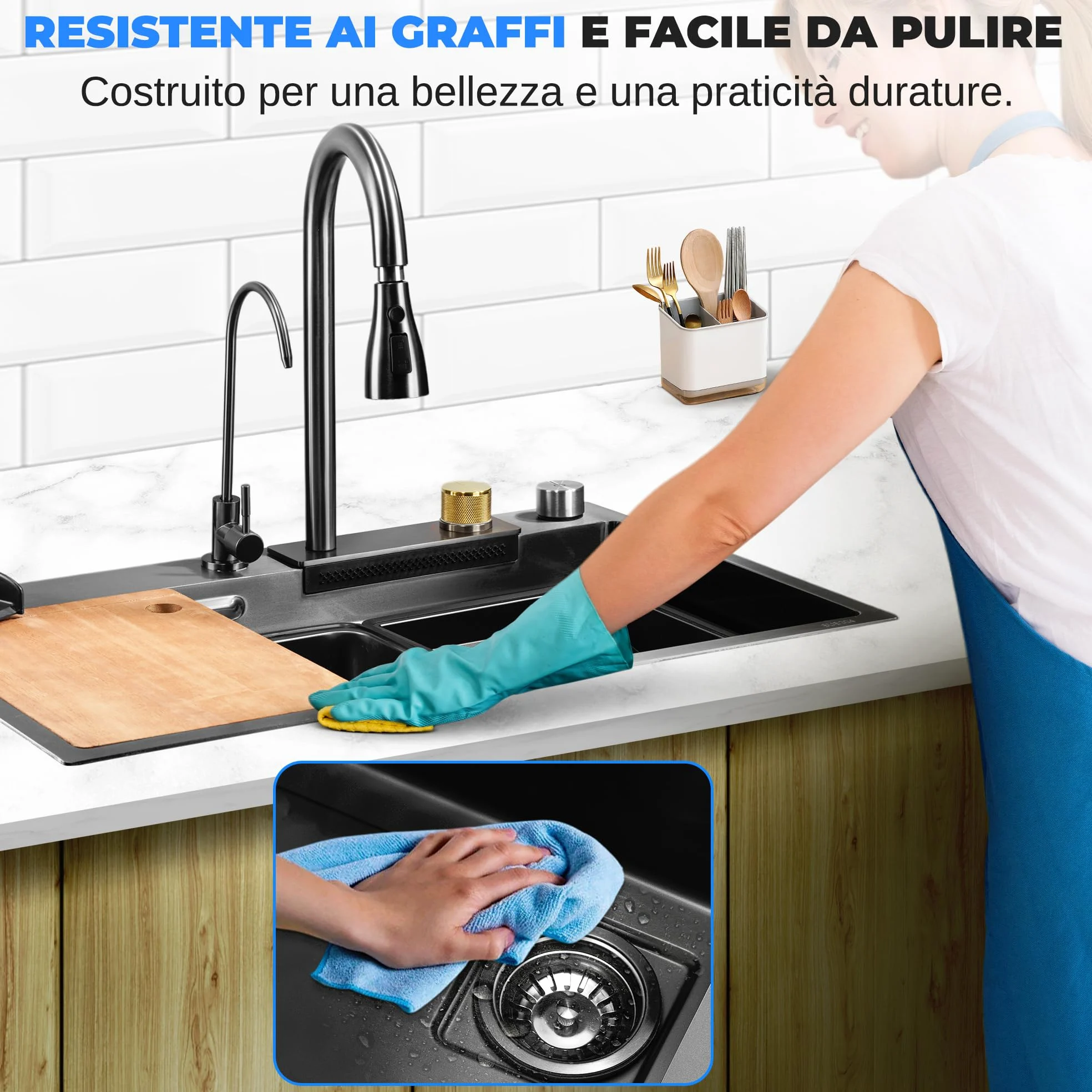 SereneLife Lavello Cucina 1 Vasca in Acciaio Inox Nero 75x46x22 cm, Lavandino Cucina con Scolapiatti, Cestello Filtro, Vassoio e Tagliere