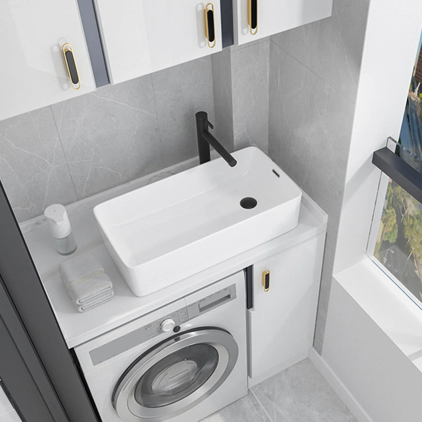 Lavabo da Appoggio in Ceramica con Troppopieno, Lavello Rettangolare Moderno con Scarichi Laterali e Scarico Pop-up per Bagno e WC degli Ospiti