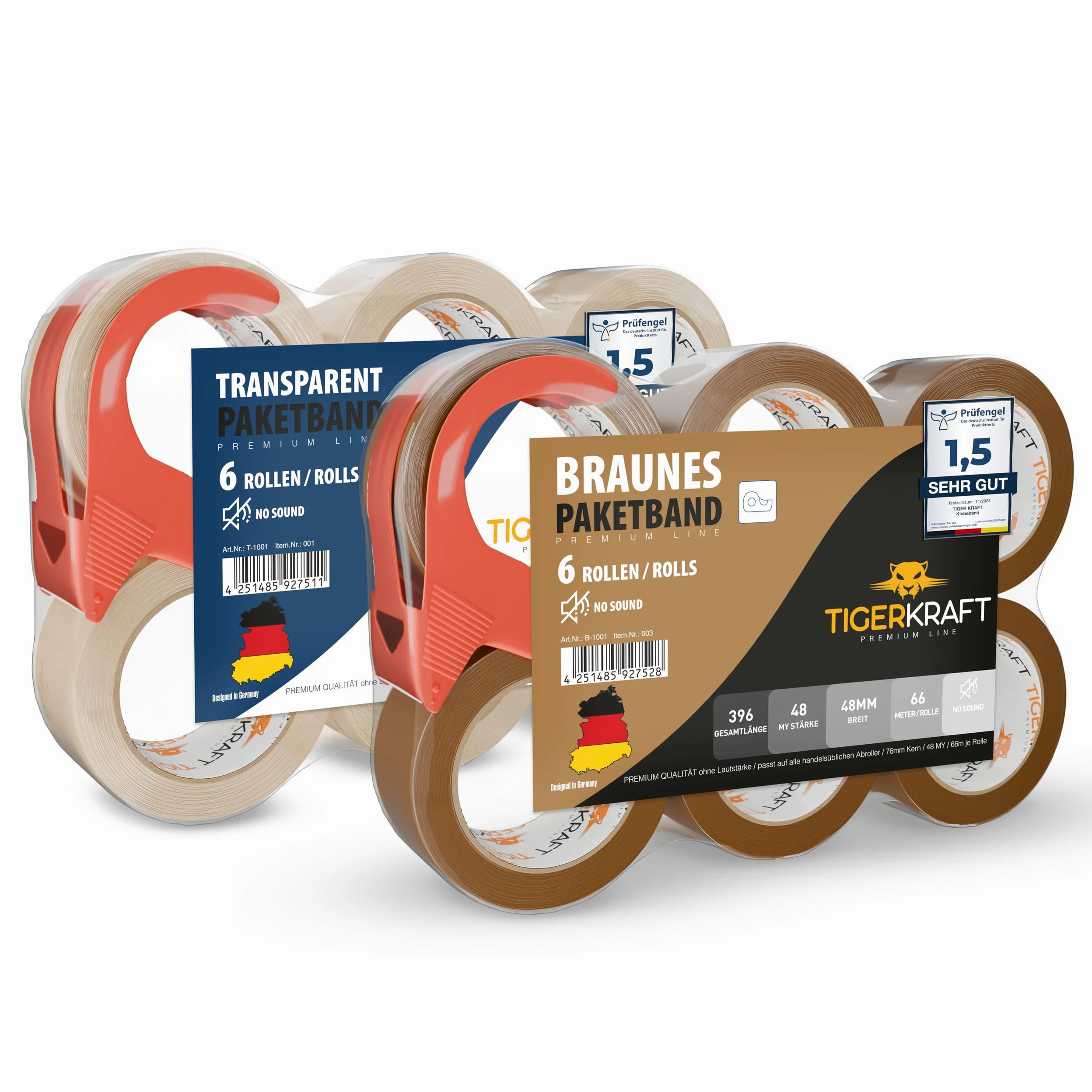 TIGERKRAFT – Nastro adesivo a basso rumore con avvolgitore – Nastro adesivo resistente ai raggi UV – Nastro adesivo ogni 48 mm x 66 m / 48 micron – Nastro per imballaggio per spedizione, magazzino,