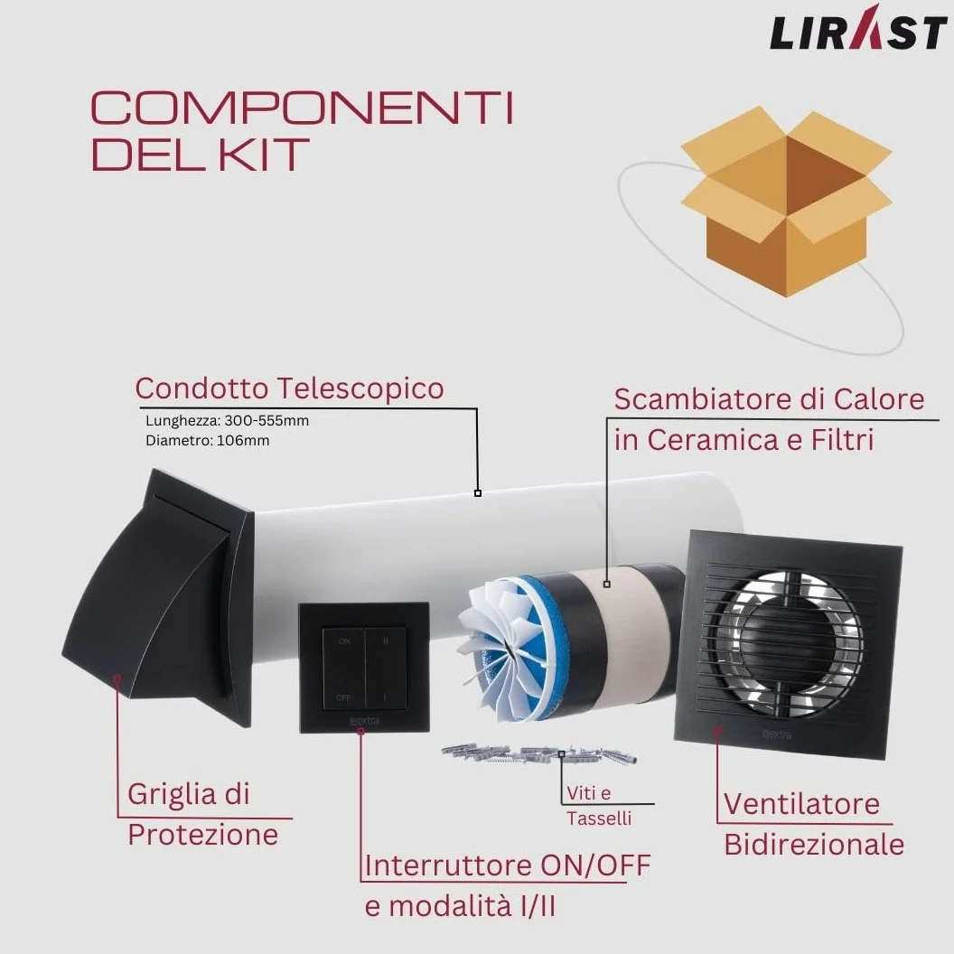 100mm Ventilazione Meccanica Controllata VMC Doppio Flusso Recupero Calore con Interruttore - Antracite VMC Recuperatore di Calore Doppio Flusso
