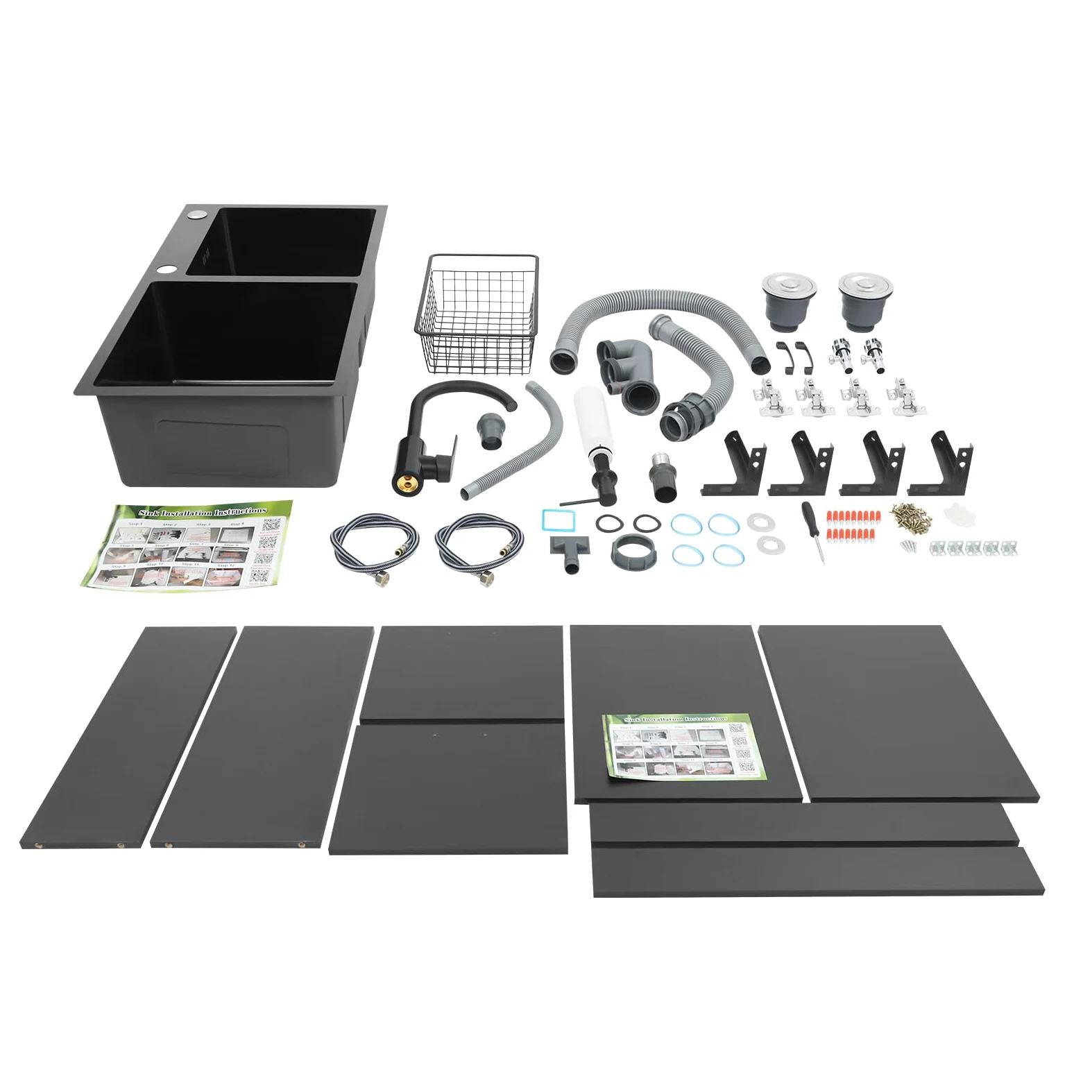 Lavello da cucina autoportante con base e rubinetto, in acciaio inox con 2 vasche scolapiatti e scarico, per cucina, giardino, esterno, officina, lavanderia, campeggio (nero)