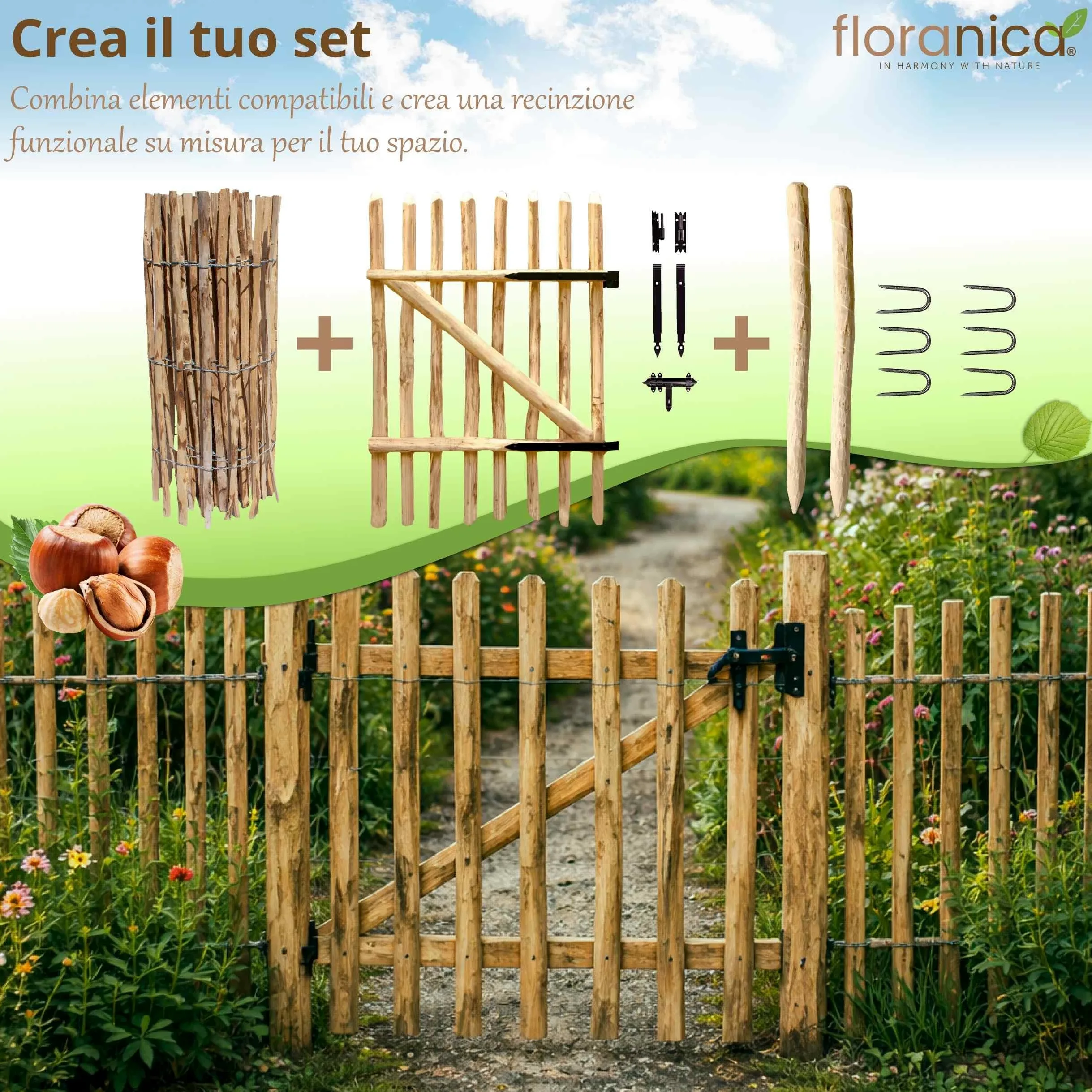 Floranica Cancello da giardino in legno di nocciolo per recinzione a paletti Altezza 115 cm x 100 cm 1 anta – pronto al montaggio incl. cerniere