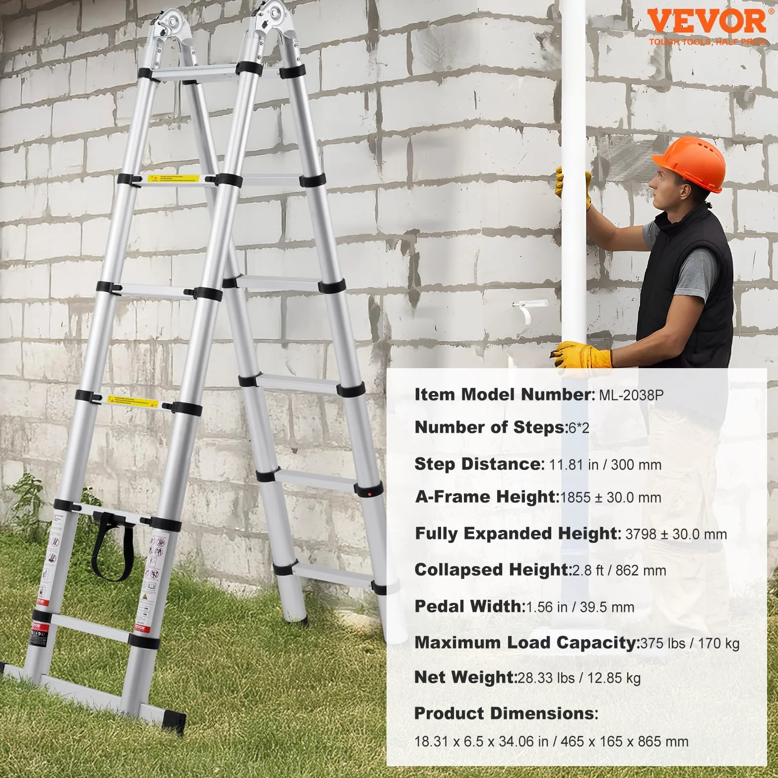 VEVOR Scala Telescopica a Forma di A da 3810 mm Scala Estensibile in Alluminio, Capacità di 170 kg Scala Pieghevole con Retrazione Multi-pulsante, con Barra Stabilizzatrice, per Camper, Roulotte