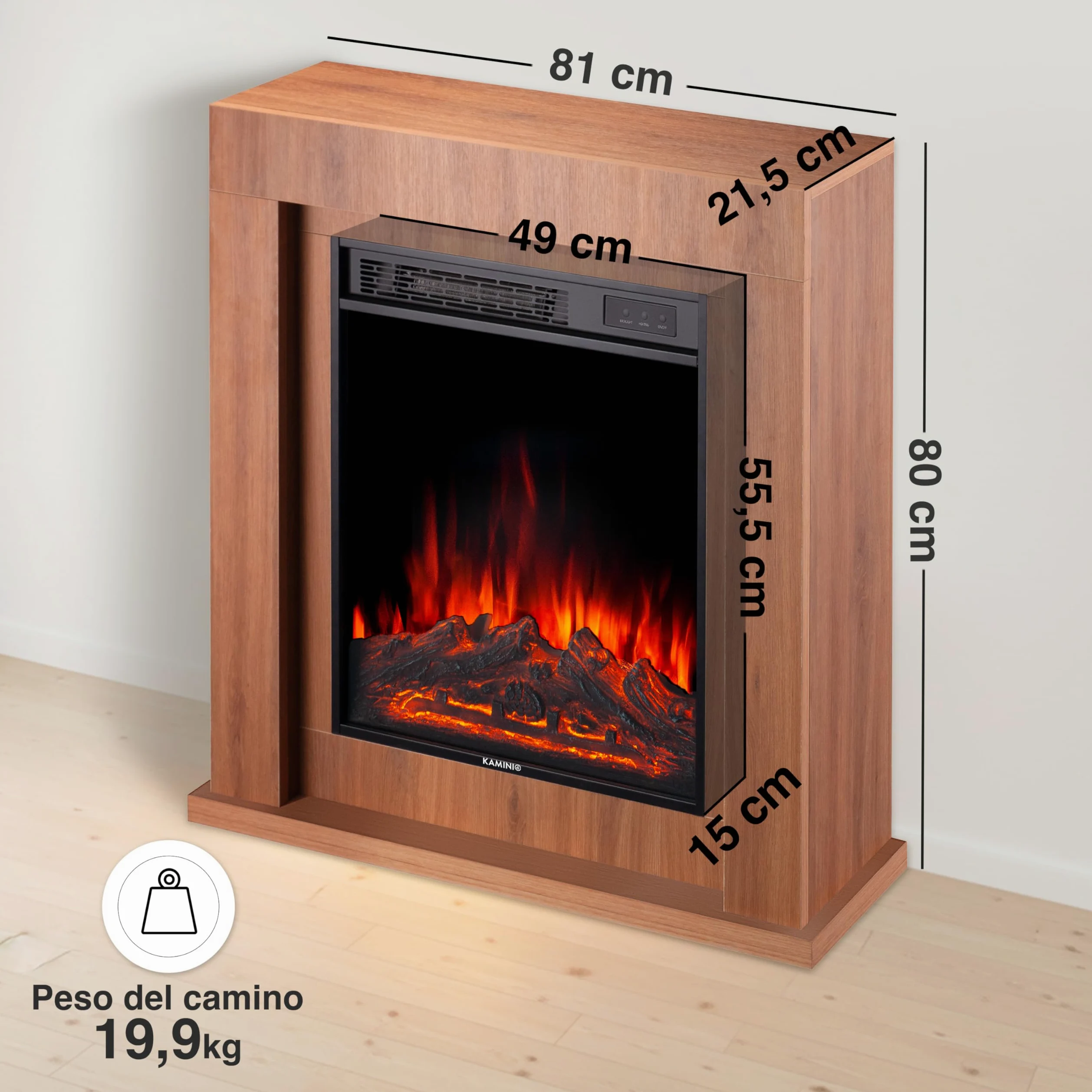 KAMINIO Camino elettrico Matti - Caminetto da pavimento con riscaldamento, effetto fiamma 3D, luce ambiente a LED, telecomando - 32 pollici (Querica)