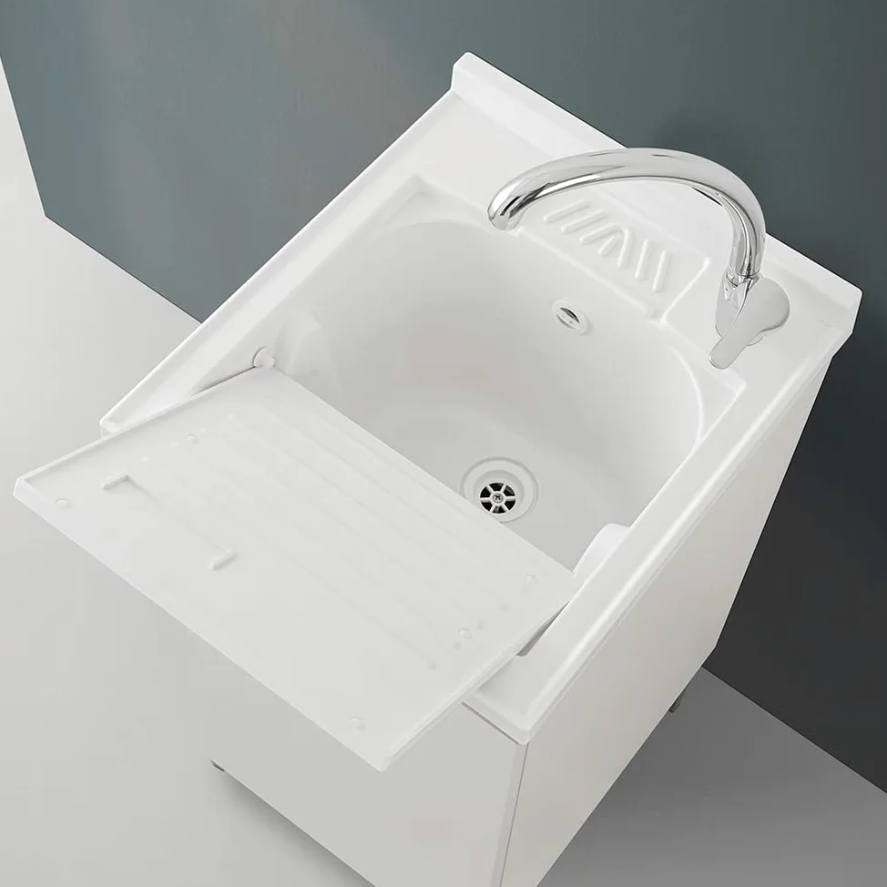 Mobile lavatoio lavanderia in legno con vasca in resina resistente agli acidi, completo di asse di lavaggio e kit sifone + piletta (Bianco, 45x50 cm 1 anta)