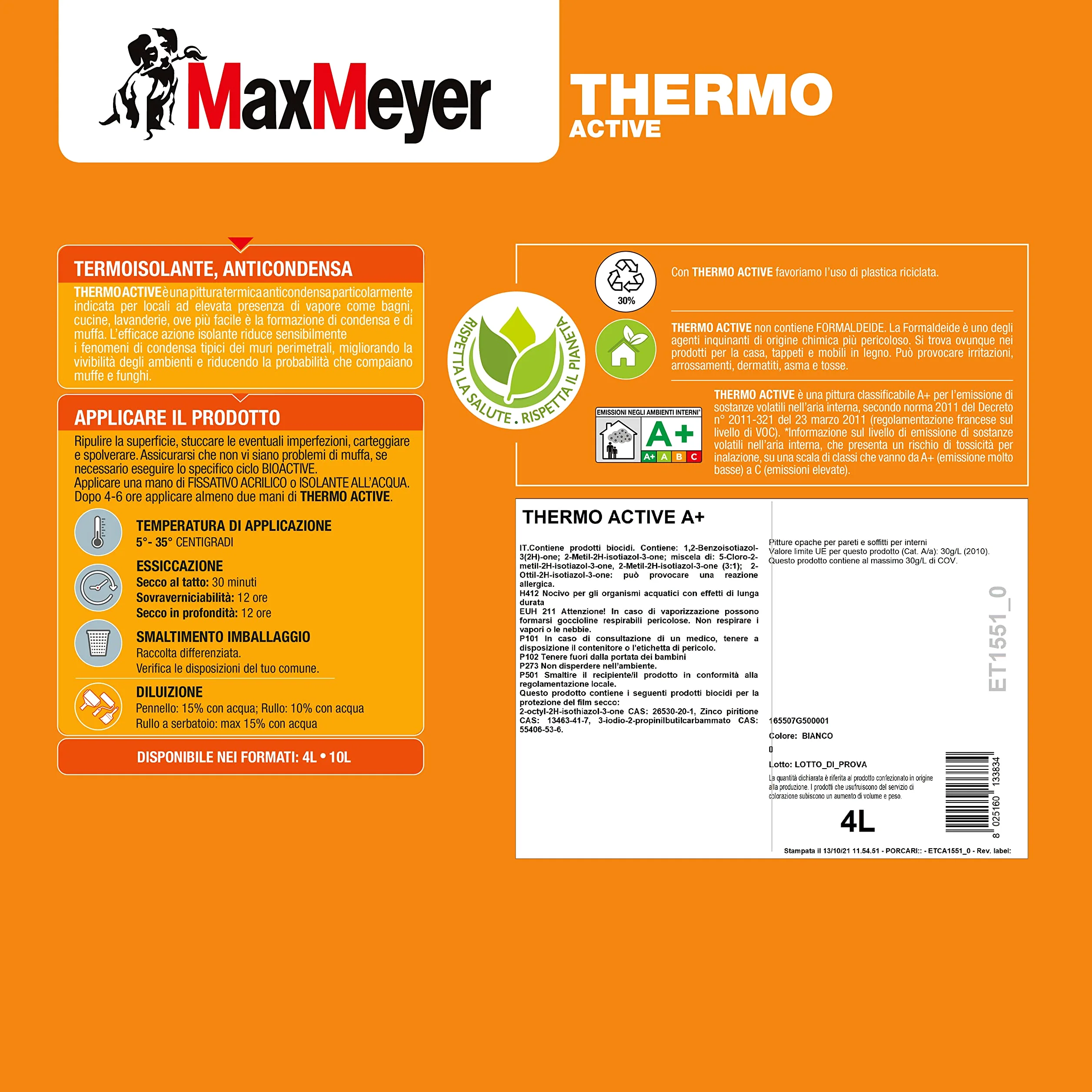 MAXMEYER Pittura per interni termica, antimuffa, anticondensa, A+ e priva di formaldeide, Thermo A+ Active BIANCO 4 L