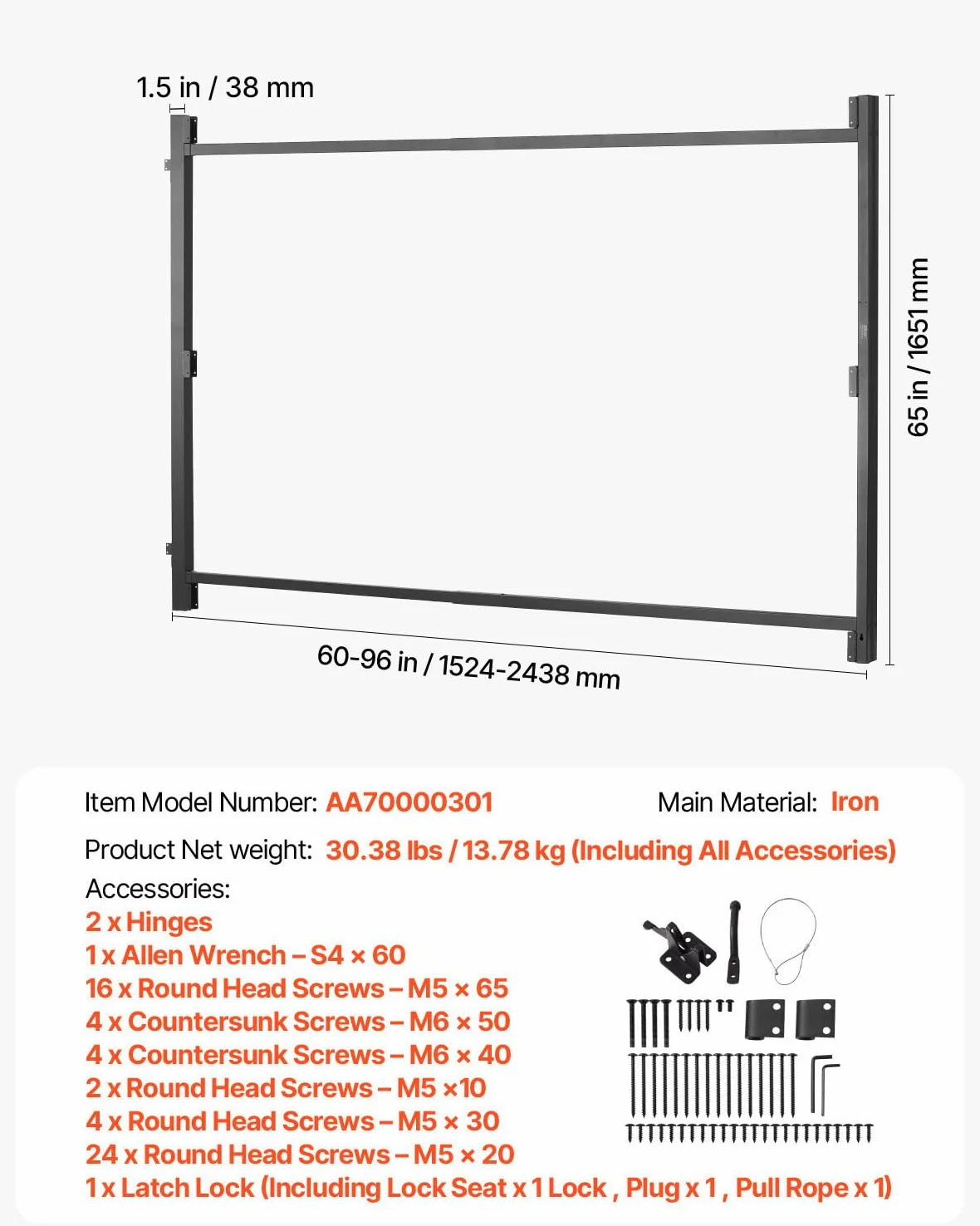 VEVOR Kit di Costruzione Cancello per Aperture Larghe 1524 a 2438 mm Recinzione Alta 1828,8 a 2133,6 mm Kit Telaio Cancello Completo Anti-Cedimento con Serratura a Scatto e Viti, Recinzione in Legno