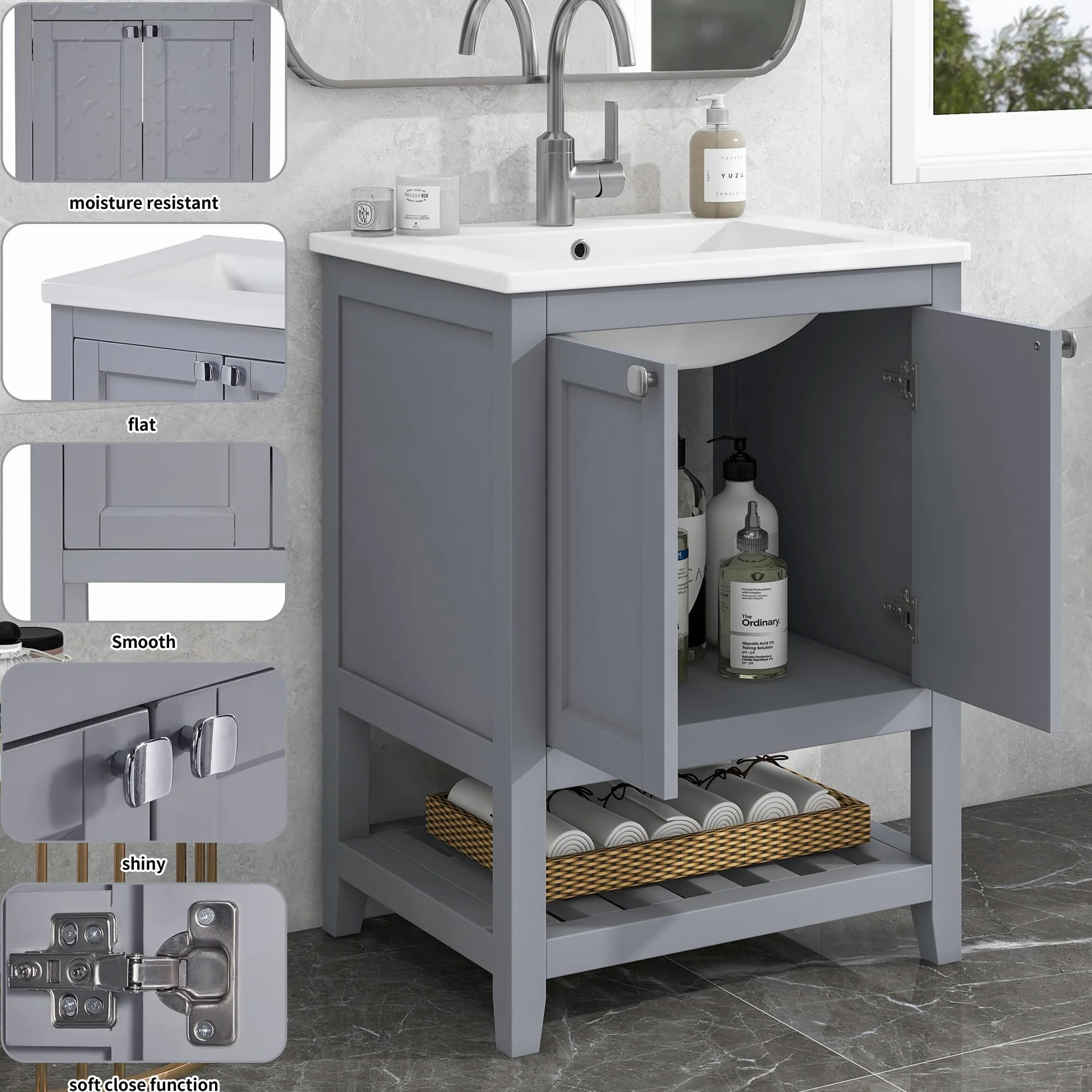 Mobile da bagno singolo con base 60 cm con lavabo in ceramica, grigio chiaro