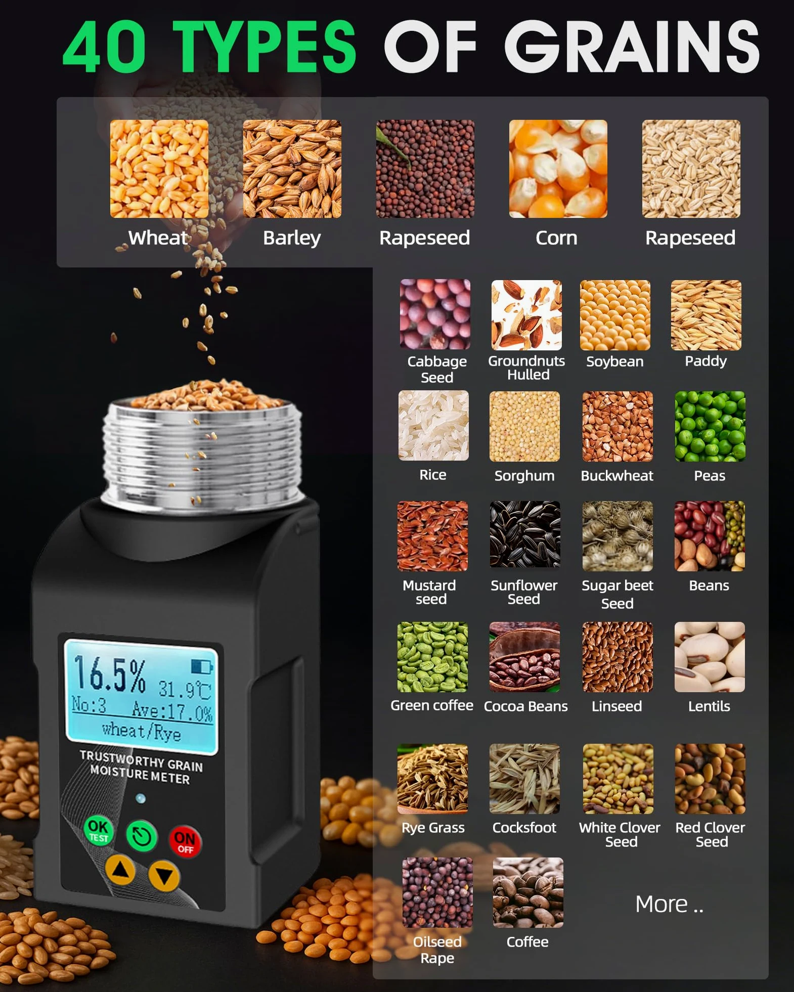 Wile Getreidefeuchtigkeitsmesser Misuratore di Umidità per Cereali per 40 Colture, Tester Digitale con Temperatura, per Grano, Mais, Orzo, Riso, Soia e Colza
