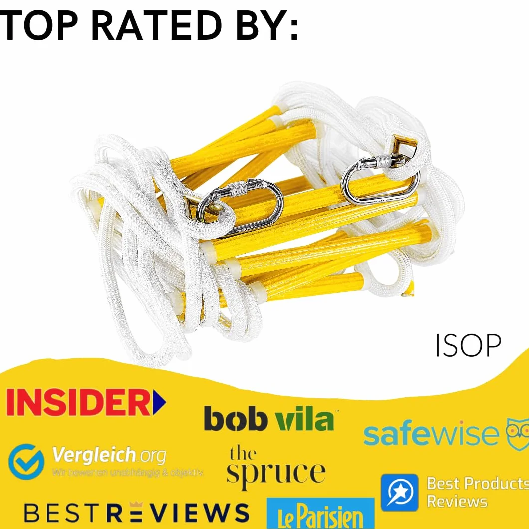 ISOP Scala di emergenza antincendio 4 piani 10 m | Scala in corda resistente alla fiamma con moschettoni | Cavo di sicurezza e cintura di sicurezza | Riutilizzabile