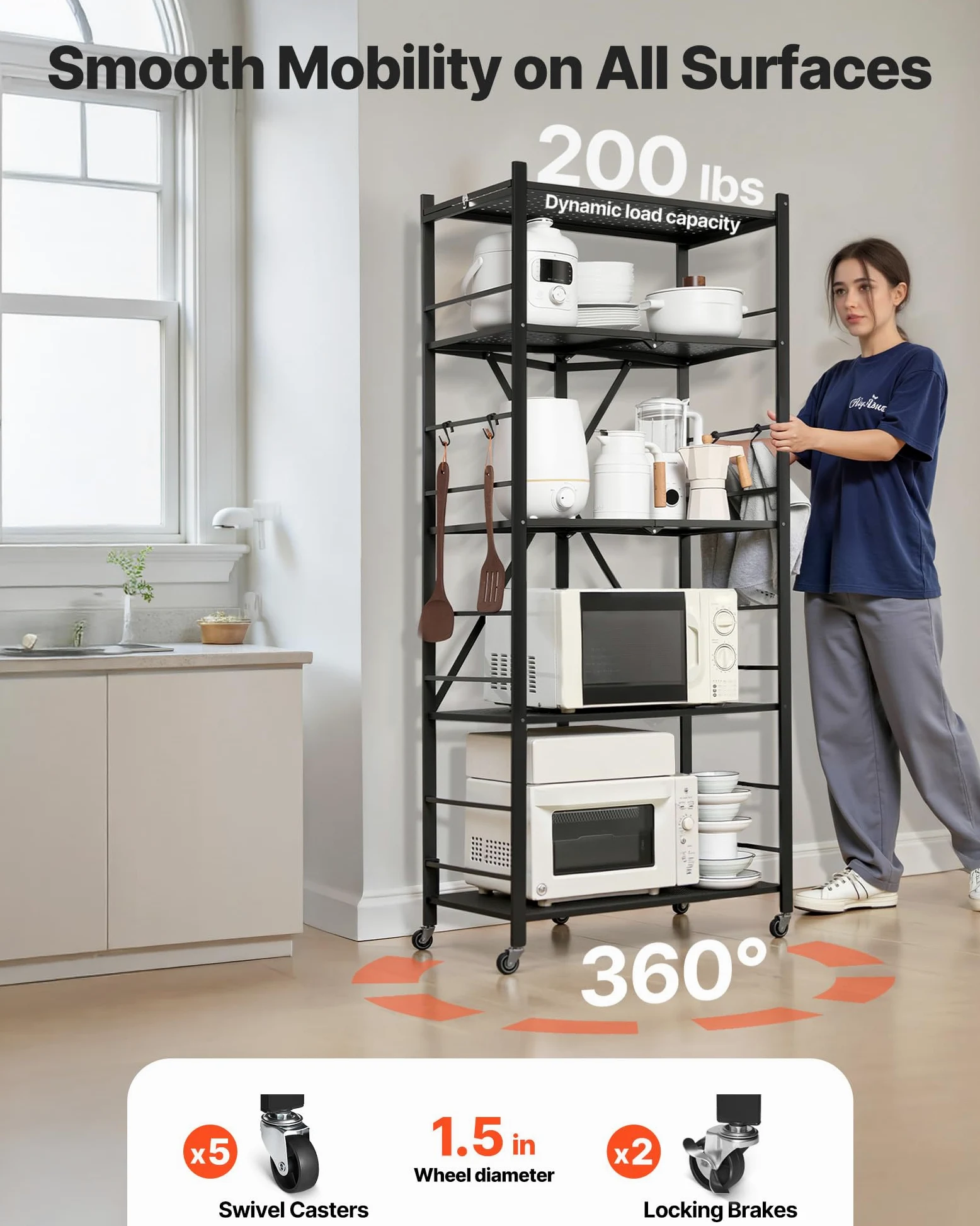 VEVOR Scaffale Portaoggetti Pieghevole a 5 Ripiani con Ruote, Scaffale in Metallo Pieghevole, Robusto Resistente Senza Montaggio, Ideale per Garage, Cucina, Cantina Nero 380 x 710 x 1630 mm