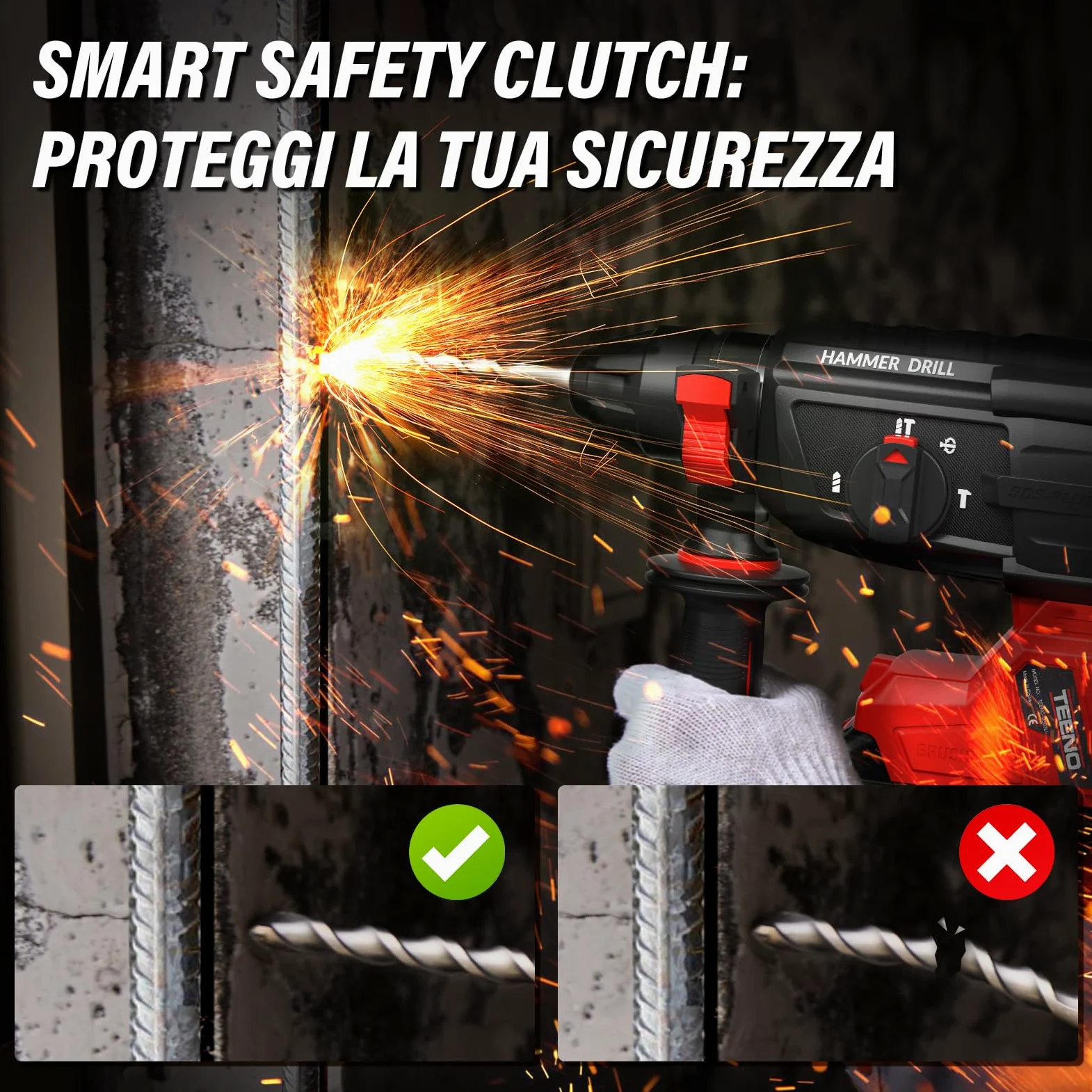 Tassellatore a Batteria 20V Senza Spazzole, 2.6J, 1500RPM, 4850BPM, SDS-Plus 3 Funzioni, 2×4.0Ah Batterie e Caricatore, Luce LED, Design Antivibrazione con Valigetta e 8 Accessori