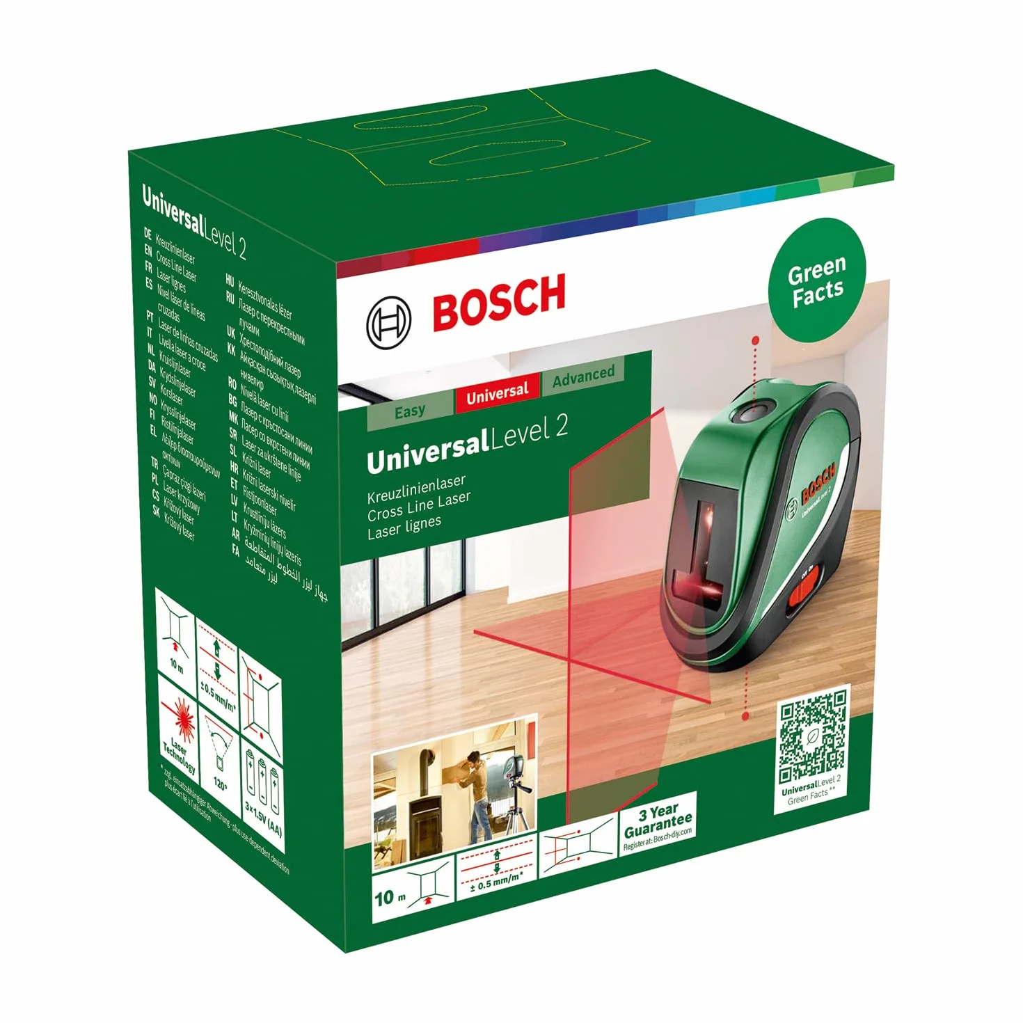 Bosch livella laser multifunzione UniversalLevel 2 (linee laser a croce incl. punti a piombo integrati per un allineamento preciso e un facile trasferimento dell'applicazione, in cartone)