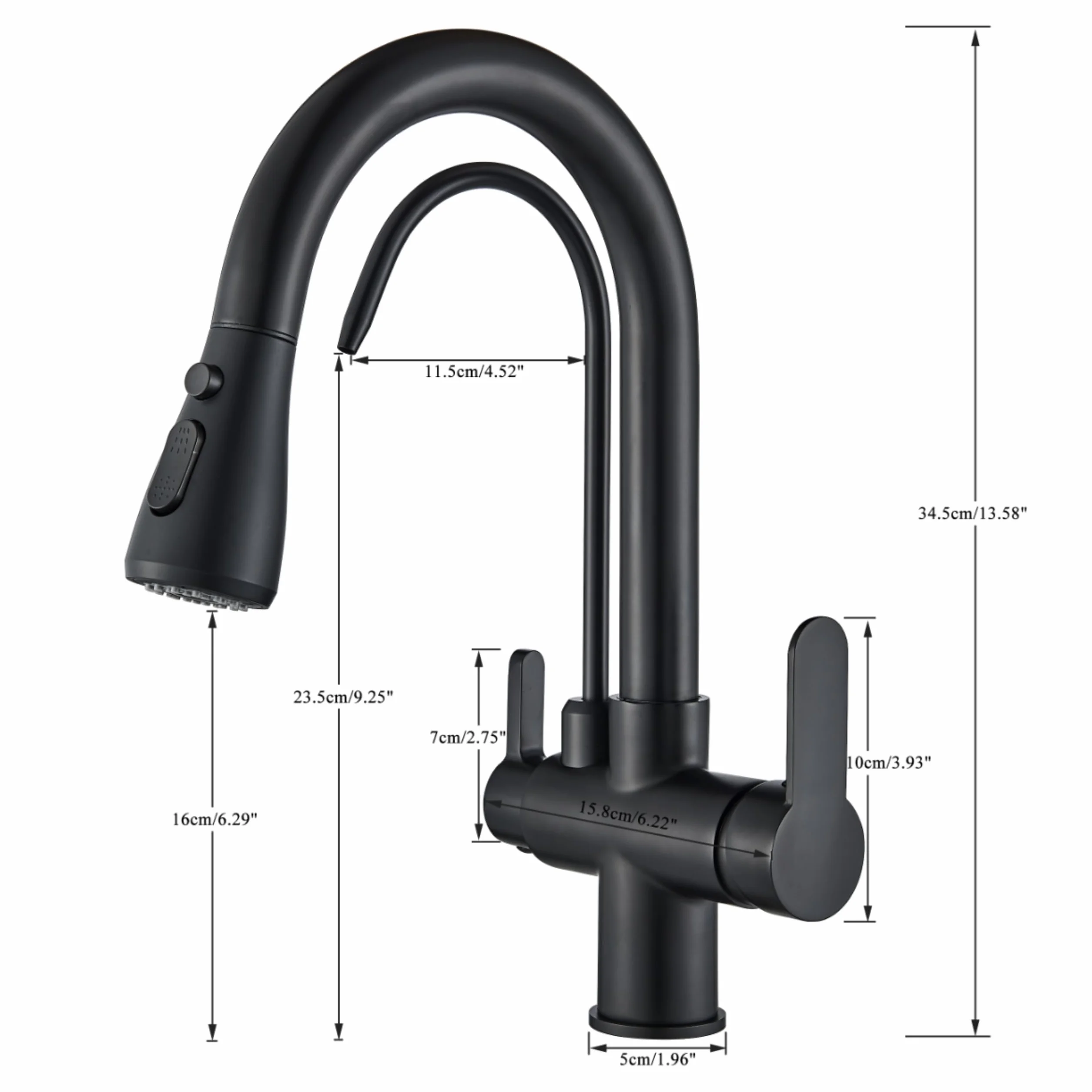 Nordic - Rubinetto da cucina a 3 vie, con collegamento filtro dell'acqua, doccetta estraibile, girevole a 360°, vie d'acqua separate, 2 tipi di getto, cartuccia in ceramica, nero opaco