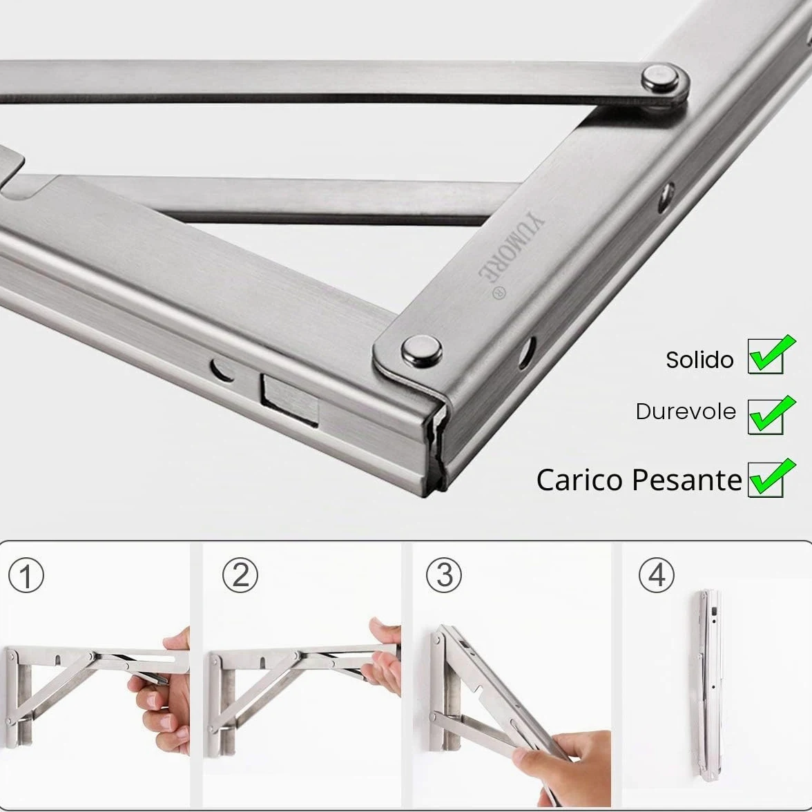YUMORE Staffe Pieghevoli per Mensole 400mm,YUMORE Reggimensola Pieghevole Inox Supporti per Mensole Pesanti Tavolo da Parete Salvaspazio fai-da-te Staffe Triangolari, Carico Massimo 150kg, [2 Pezzi]