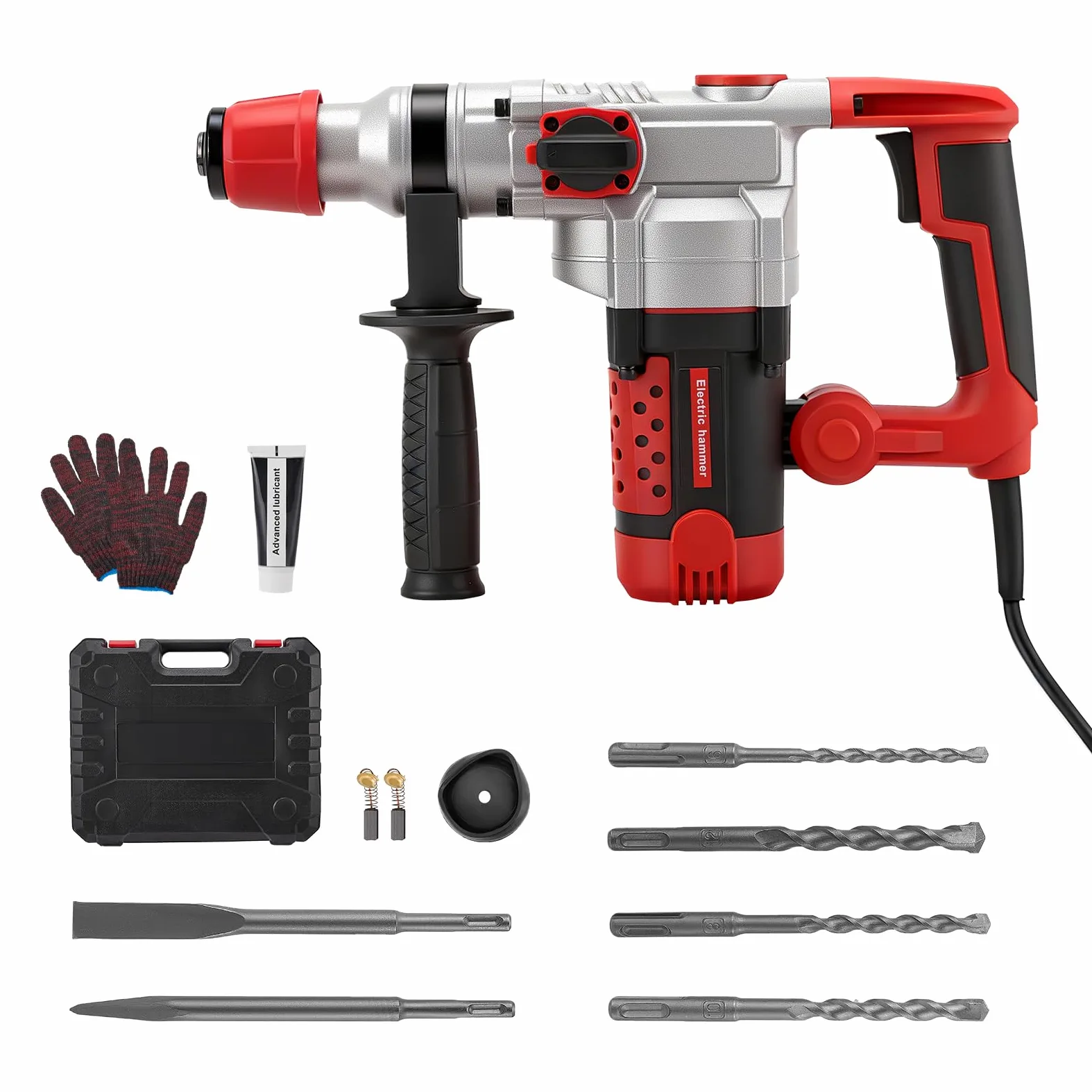 2200W martello demolitore, 5J Energia d'impatto, 930 giri/min/3300 battiti al minuto, trapano a percussione brushless con impugnatura girevole a 360° e 4 punte, 6/8/10/12 mm