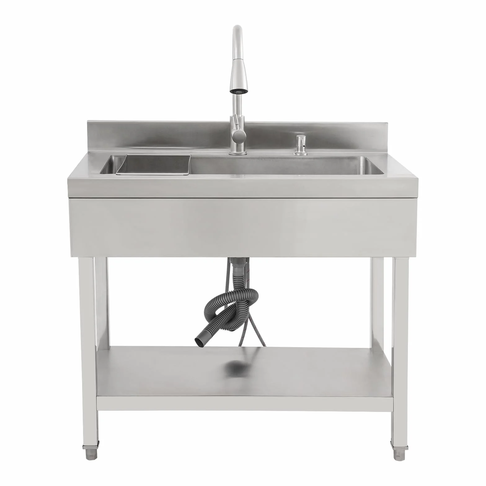 Lavando in acciaio inossidabile a libera installazione, lavello singolo lavello da cucina rettangolare con piedistallo, lavello mobile per cucina, garage, esterno (90x50x80 cm)