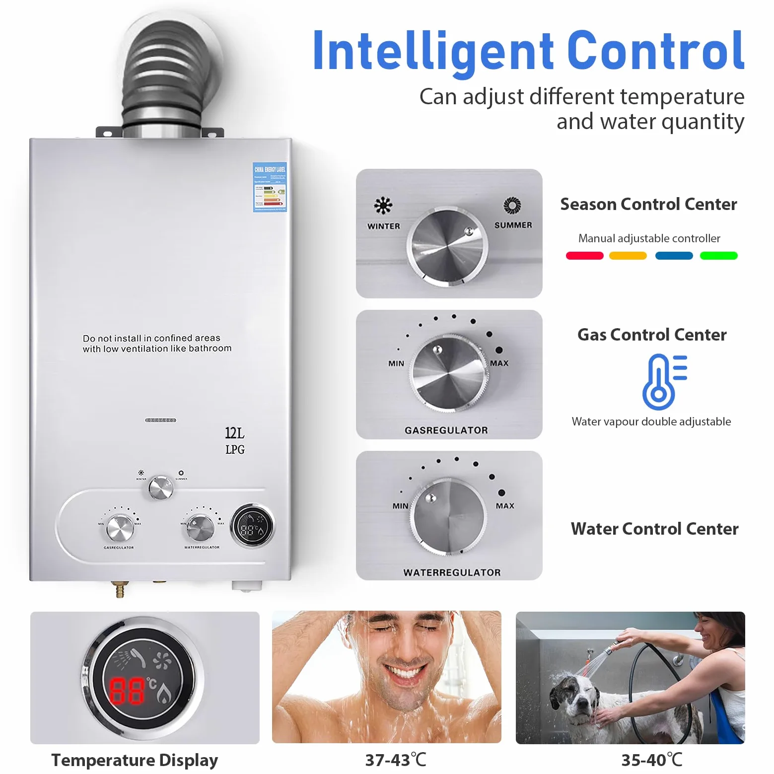 GPL10L - Scaldacqua a gas propano, 20 KW, senz'acqua, con kit doccia, bruciatore da campeggio, camper