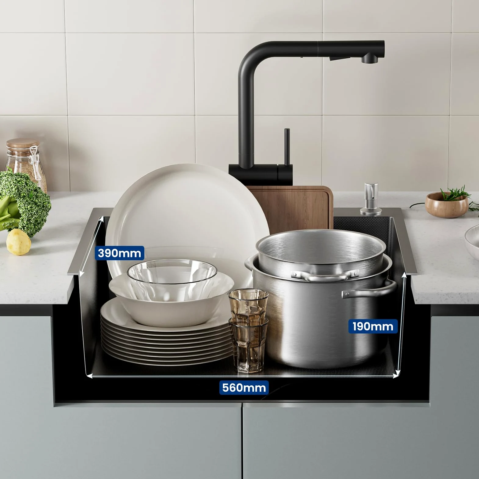 CECIPA 60x49 cm Lavello Nero 1 Vasca in Acciaio Inox, Lavandino Cucina 1 Vasca con Dispenser Sapone e Cestello, Lavello Cucina per Mobile da 60cm, da Incasso o Banco, con Sifone e Scarico