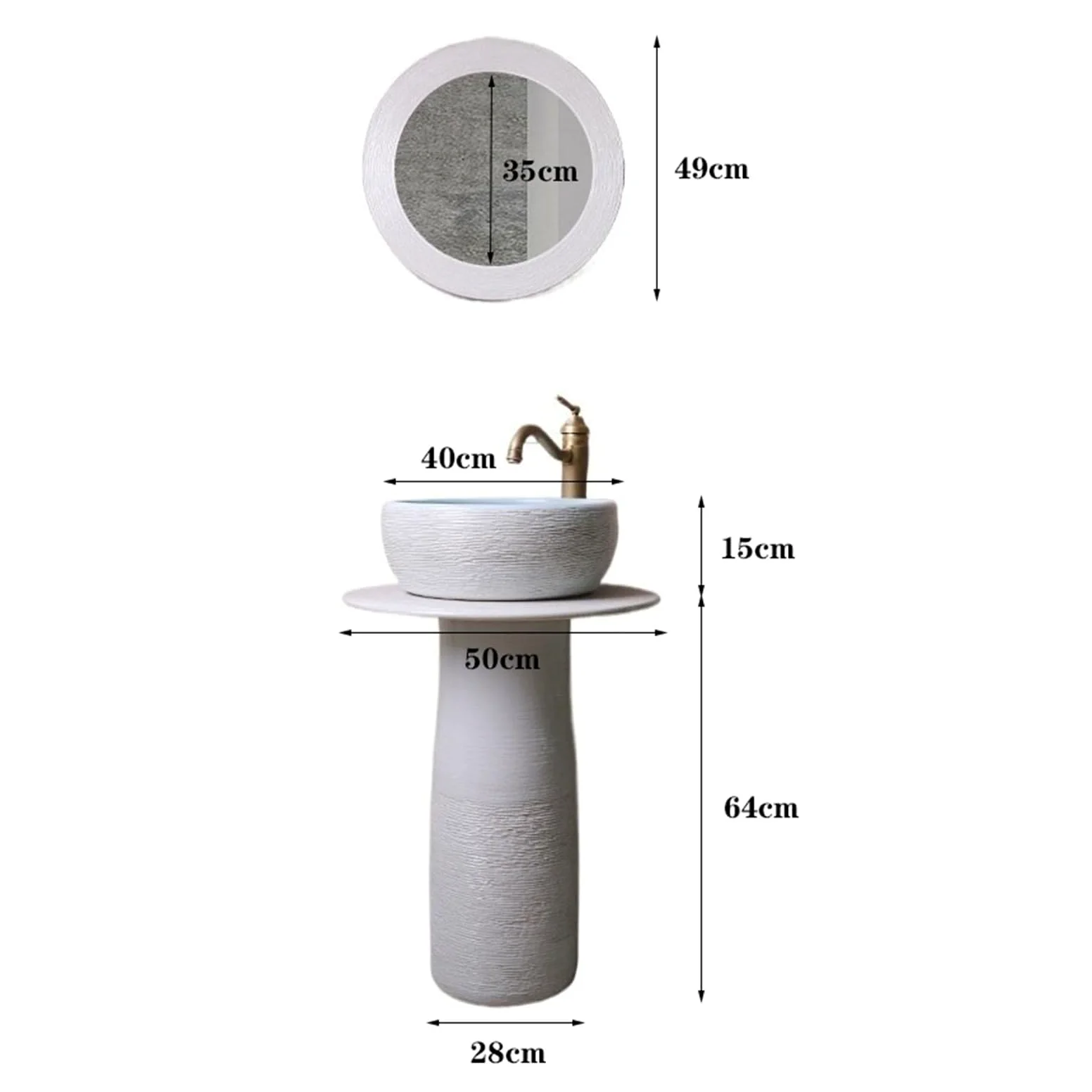 Lavabo su Colonna da Bagno in Ceramica con Rubinetto, Set di Scarico e Specchio - Piedistallo per Interni ed Esterni