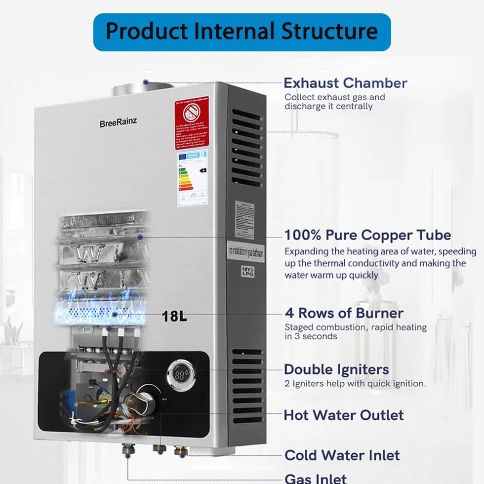 BreeRainz Scaldabagno a Gas 18LPM,36KW Scaldabagno Istantaneo a Propano,Funziona a Bassa Pressione dell'Acqua di Partenza Super Bassa, per Case,Cabine Esterno