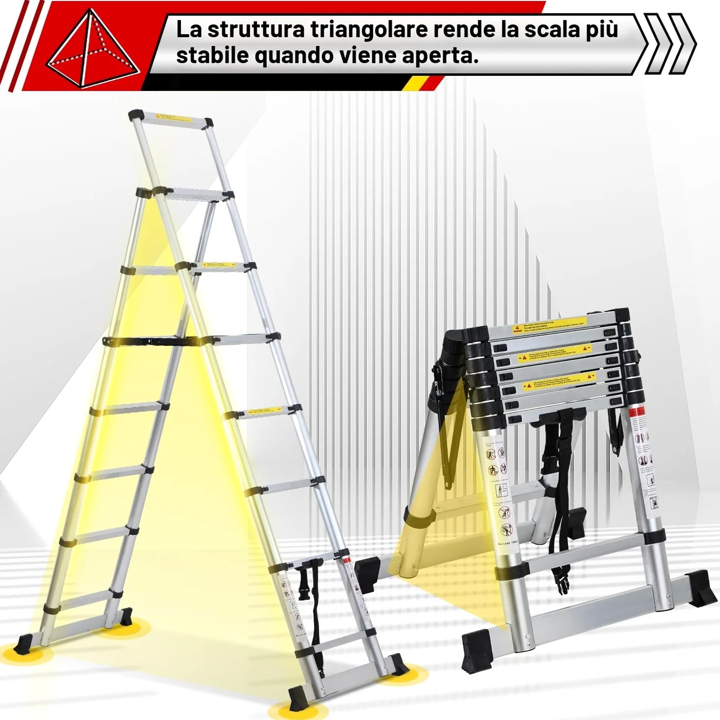 Lospitch - Scala telescopica pieghevole, 2 + 2,3 m, in alluminio, antiscivolo, multiuso, allungabile, telaio ad A, 6+7 pioli, portata 150 kg