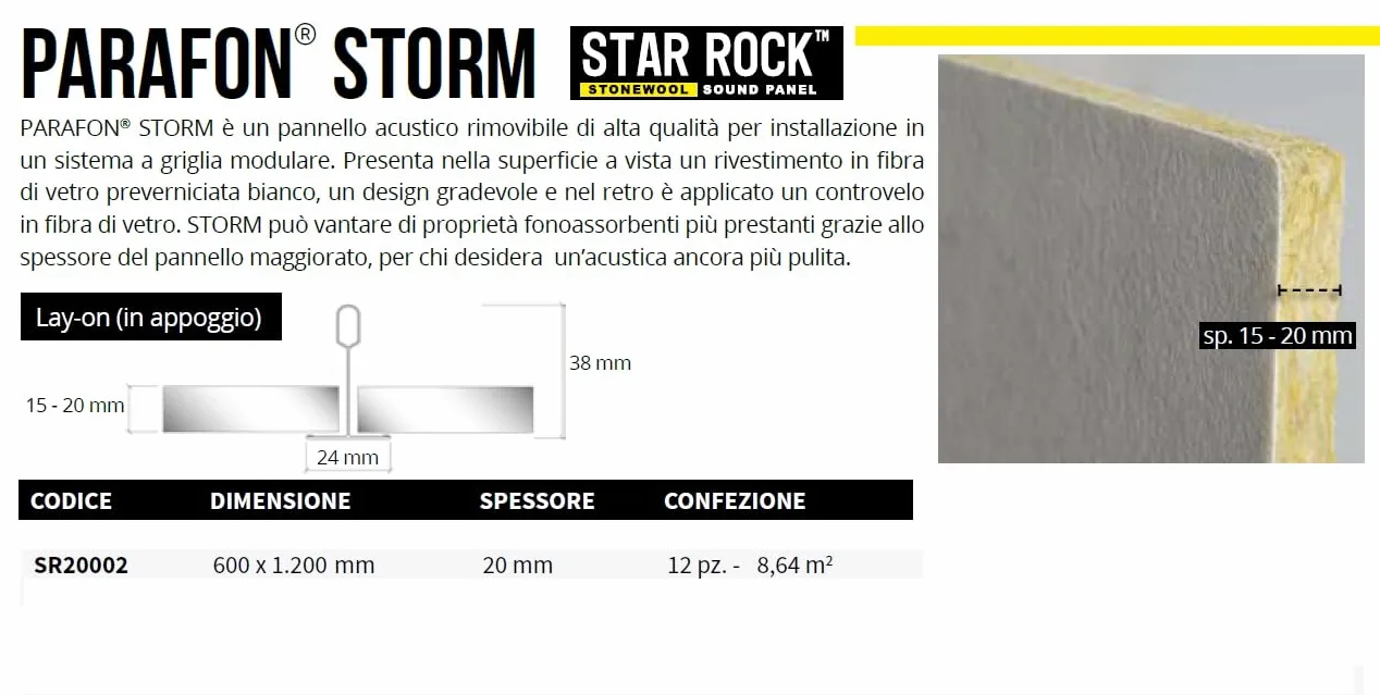 Akifix ITP Parafon Storm STAR ROCK SR20002 Pannelli controsoffitto in LANA DI ROCCIA 600x1200x20 mm Conf. 12 Pz. /8,64 Mq IN APPOGGIO