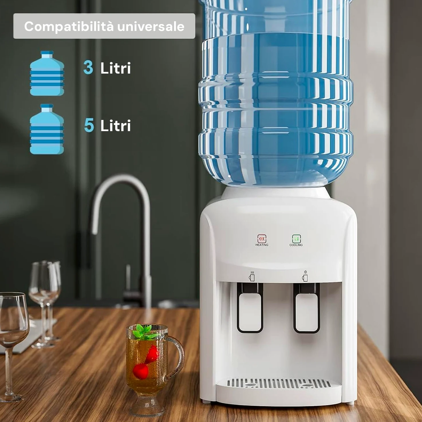 Avilia Erogatore d'Acqua Elettrico - Distributore Acqua a 2 Temperature con Riscaldamento 500W, 0.5L, e Raffreddamento 70W, 1.5L, in ABS e Acciaio Inox, 29x38x28cm