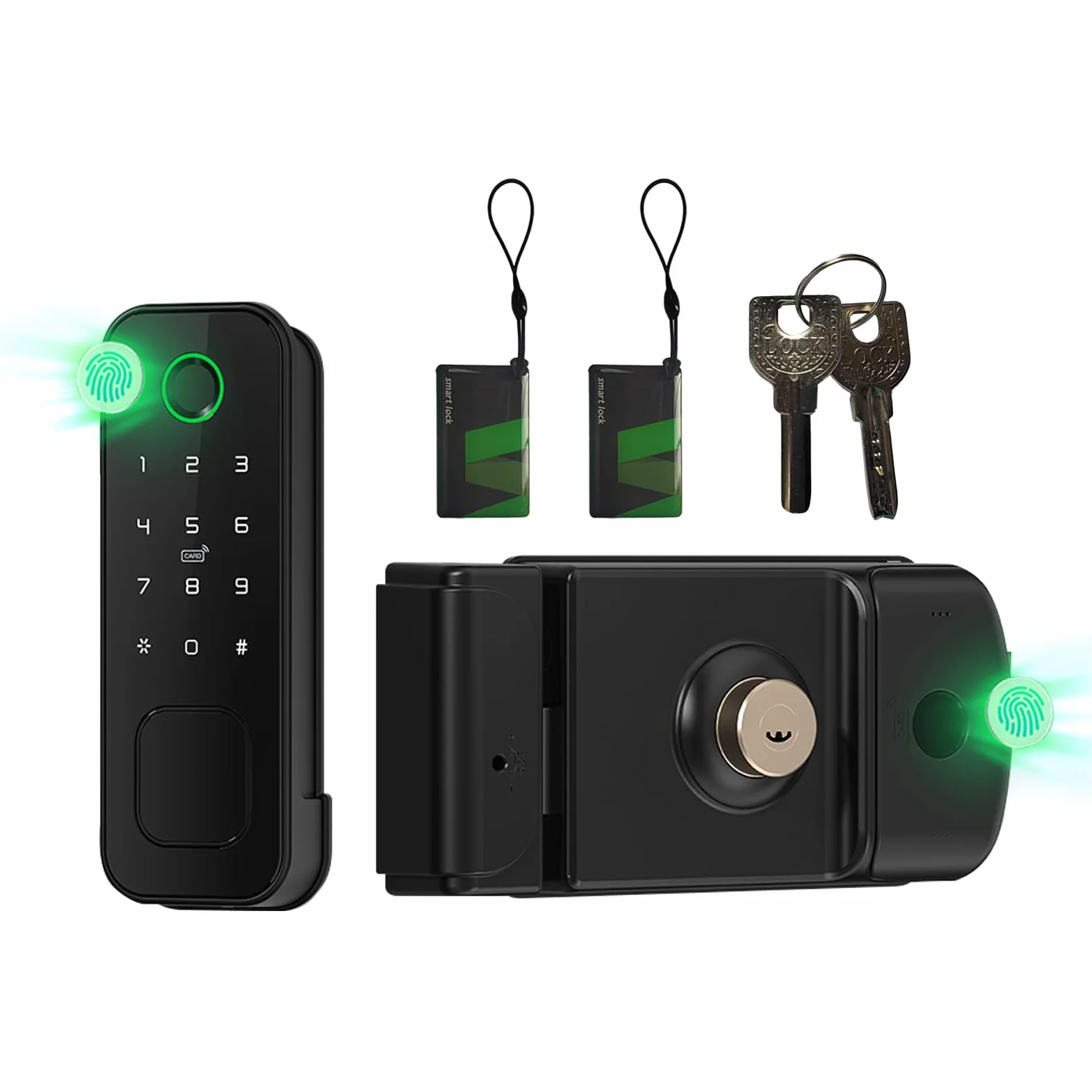 Serratura Smart da Esterno Impermeabile IP66 - Accesso con Impronta Digitale e Tessera su Entrambi i Lati - 5-in-1 con WiFi per Cancelli da Giardino (Nero)