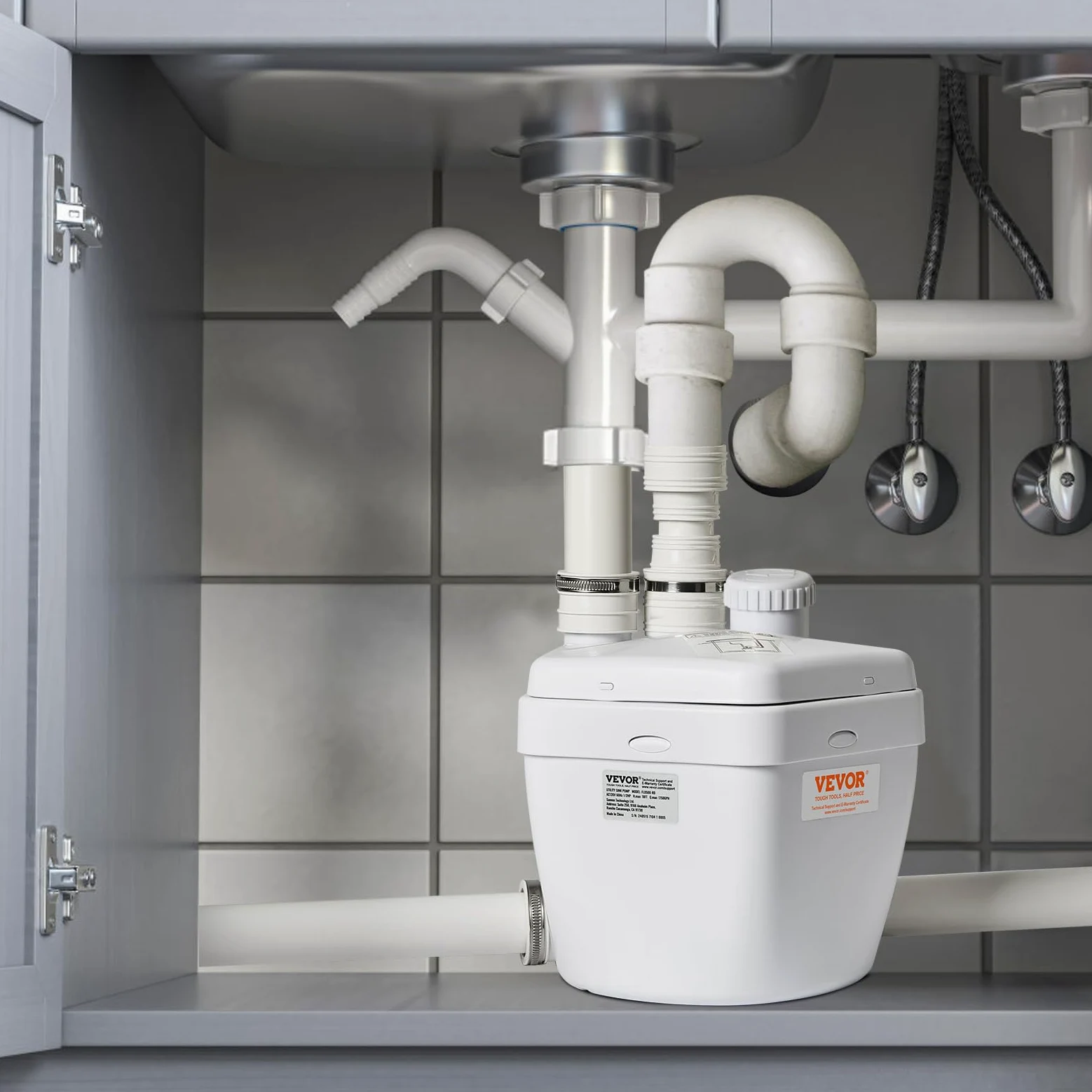VEVOR Pompa per Lavandino 250 W, Sistema di Pompa per Scarico per Lavandino Sotto Lavandino, Portata 6600L/h 5,5 m, Motore in Filo di Rame, Pompa Sotto Lavandino Scarico 3 Uscite, 8 cm, Bianco
