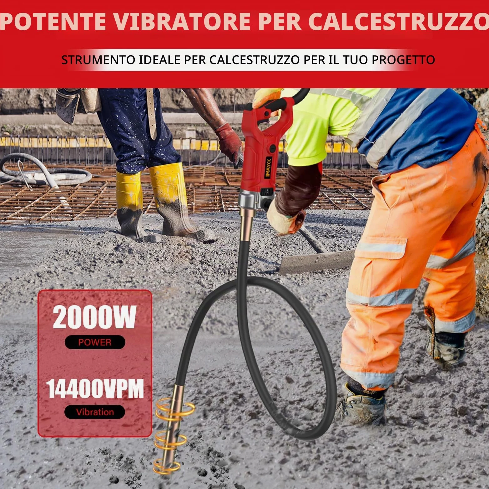 IMAYCC 2000W Vibratore per Calcestruzzo, Vibratore da Costruzione Elettrico 4300 giri/min, Lunghezza asta Vibrante 2m, Diametro albero Vibrante 38mm, per Strade Tunnel Ponti Case ecc.