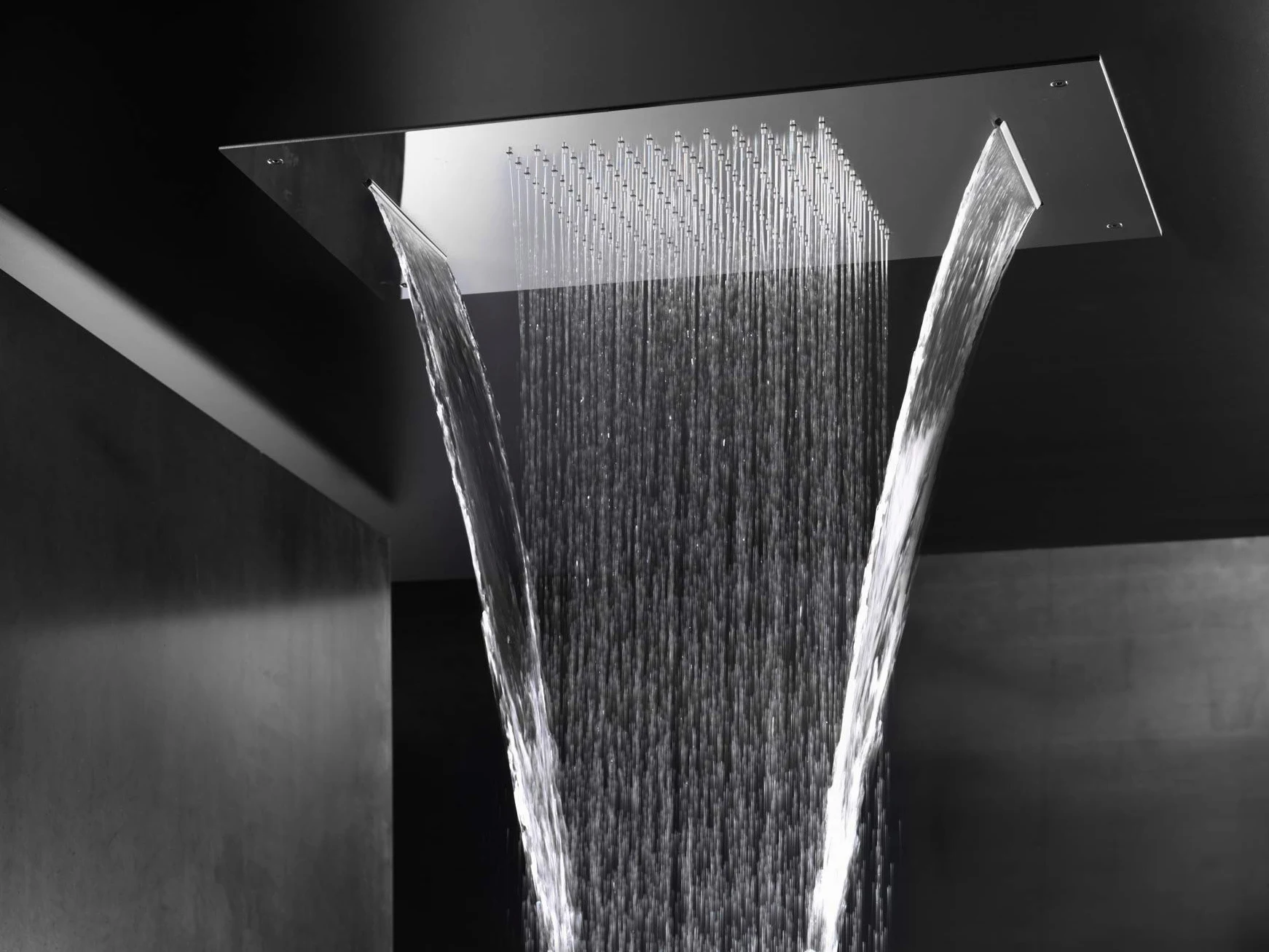 Soffione doccia rettangolare 49x36 doppia cascata AQUArelax acciaio cromato AISI304 super mirror anticalcare made in italy