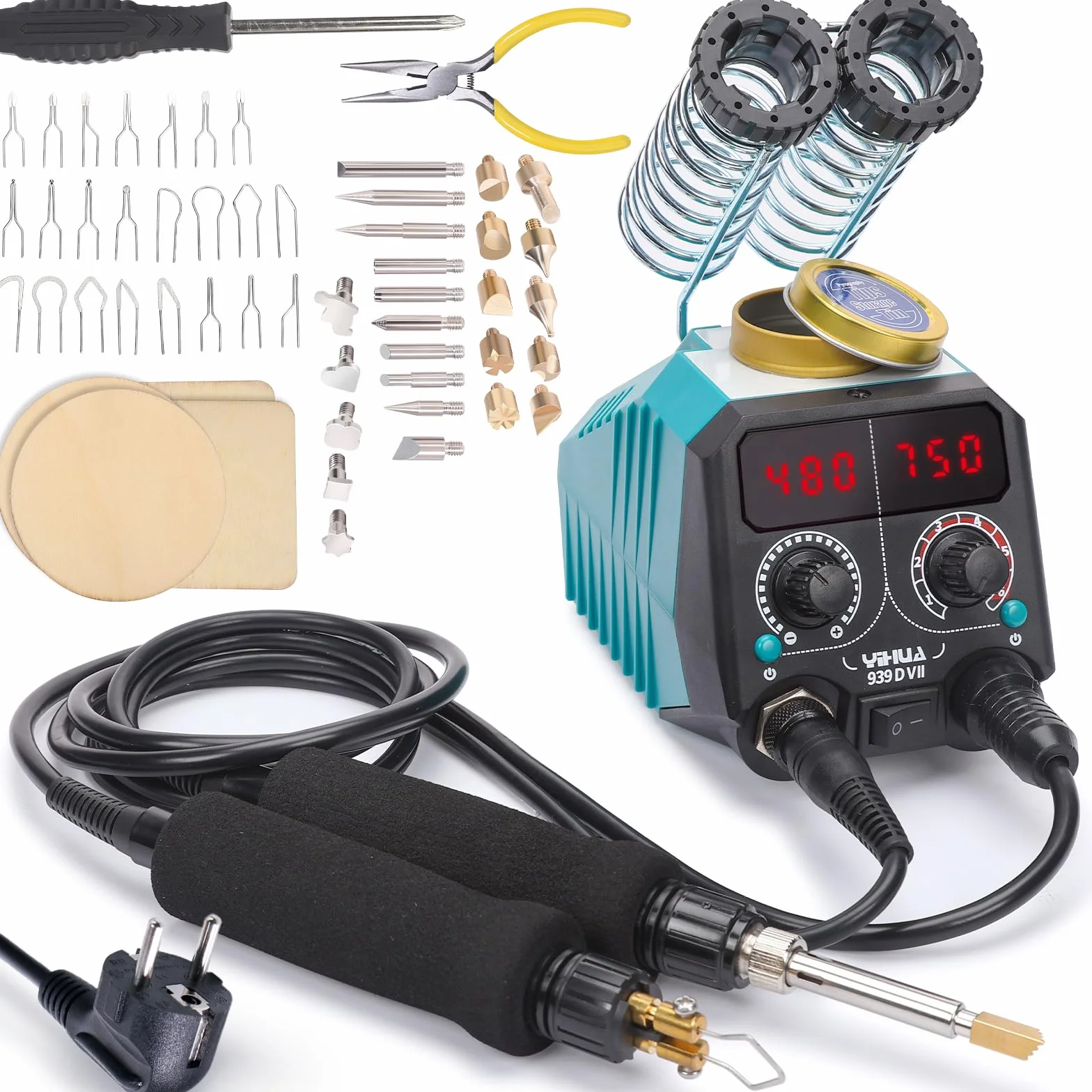 YIHUA 939D-VII pirografo professionale Kit per penna a bruciatura del legno Stazione 2-in-1 Solid-Point 200-480°C (con display di temperatura)/Wire-Nib 250-750°C con 23 punte, 25 punti solidi