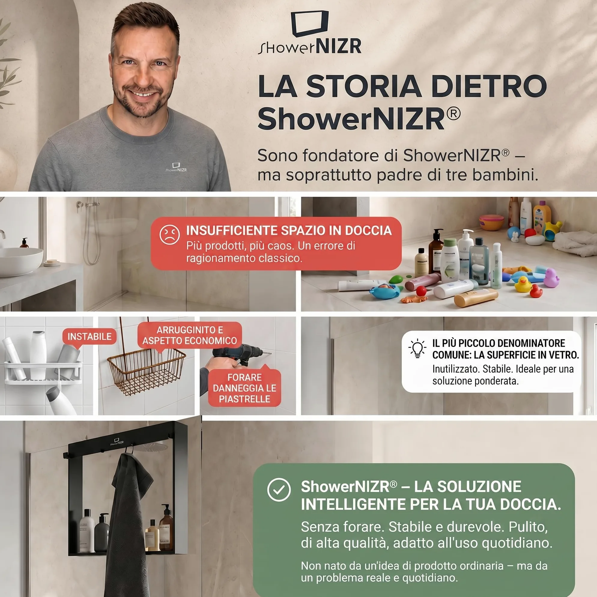 ShowerNIZR Mensola doccia Grey - Mensola doccia senza foratura da appendere alla parete in vetro in acciaio inox con 4 ganci porta shampoo per organizer doccia moderno e ordine nel box doccia