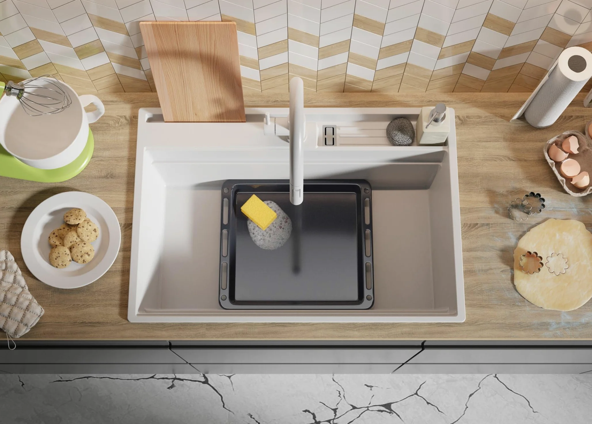 PRIMAGRAN Lavello da Cucina Bianco 78x53cm, Lavandino in Granito a 1 vasca + Sifone Classico, Lavabo da Cucina Incasso al Mobile 80cm - Oslo Pocket S336