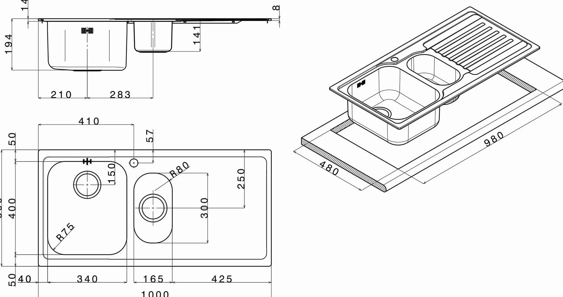 APELL Serie Venezia Lavello da incasso 1 Vasca e 1 Vaschino con Gocciolatoio a Sinistra Dimensioni 100 x 50 cm Acciaio Inox Spazzolato
