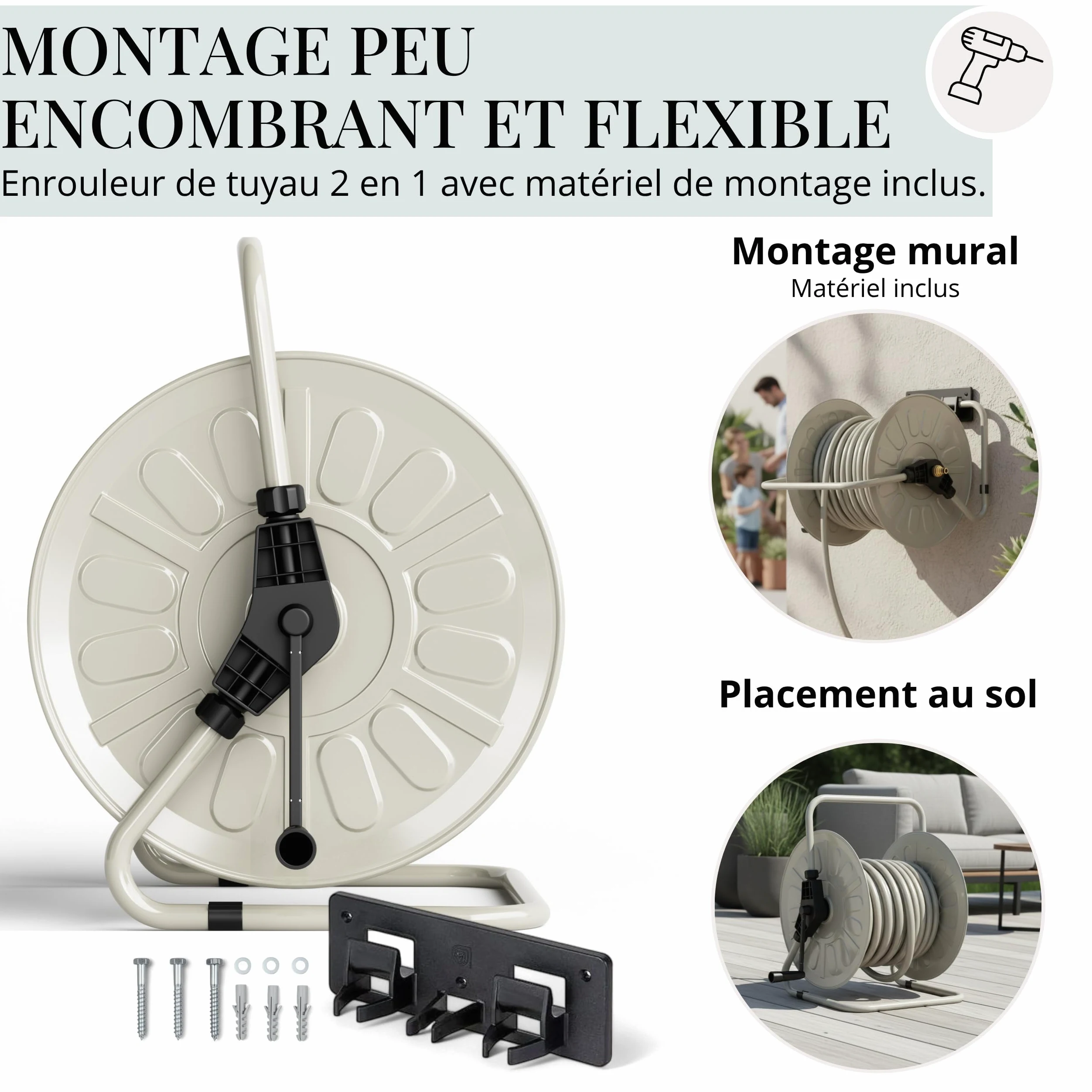 LIVLIG - Avvolgitubo in metallo, fino a 50 metri, tubo da giardino, 1/2", supporto per tubo da giardino, per montaggio a parete, Greige