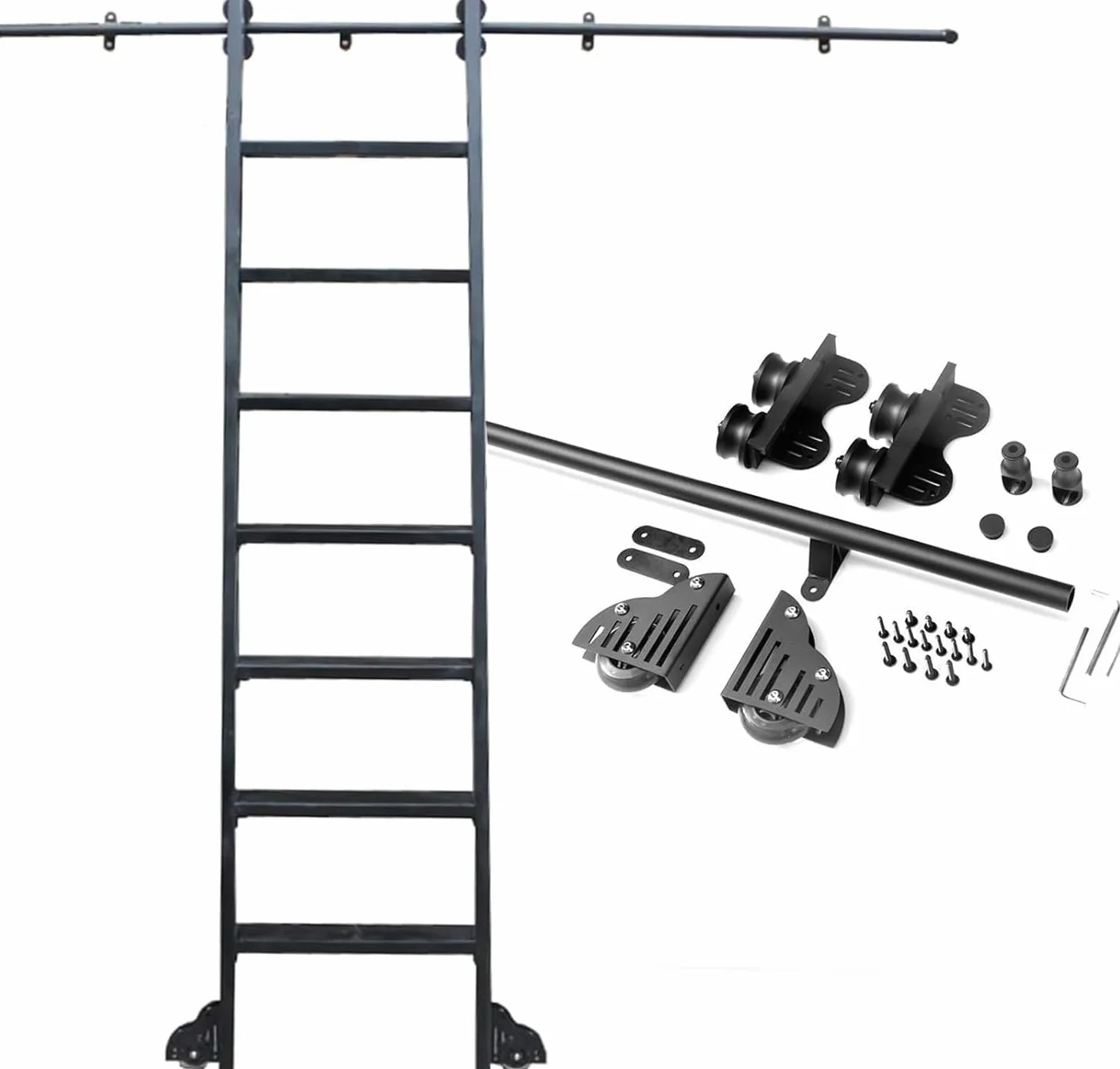 Kit Hardware per Scala Scorrevole per libreria Binario Scorrevole - Kit Completo di binari per Scala Scorrevole telescopica, con Ruote Inferiori con Freno (Senza Scala) Kit Binario