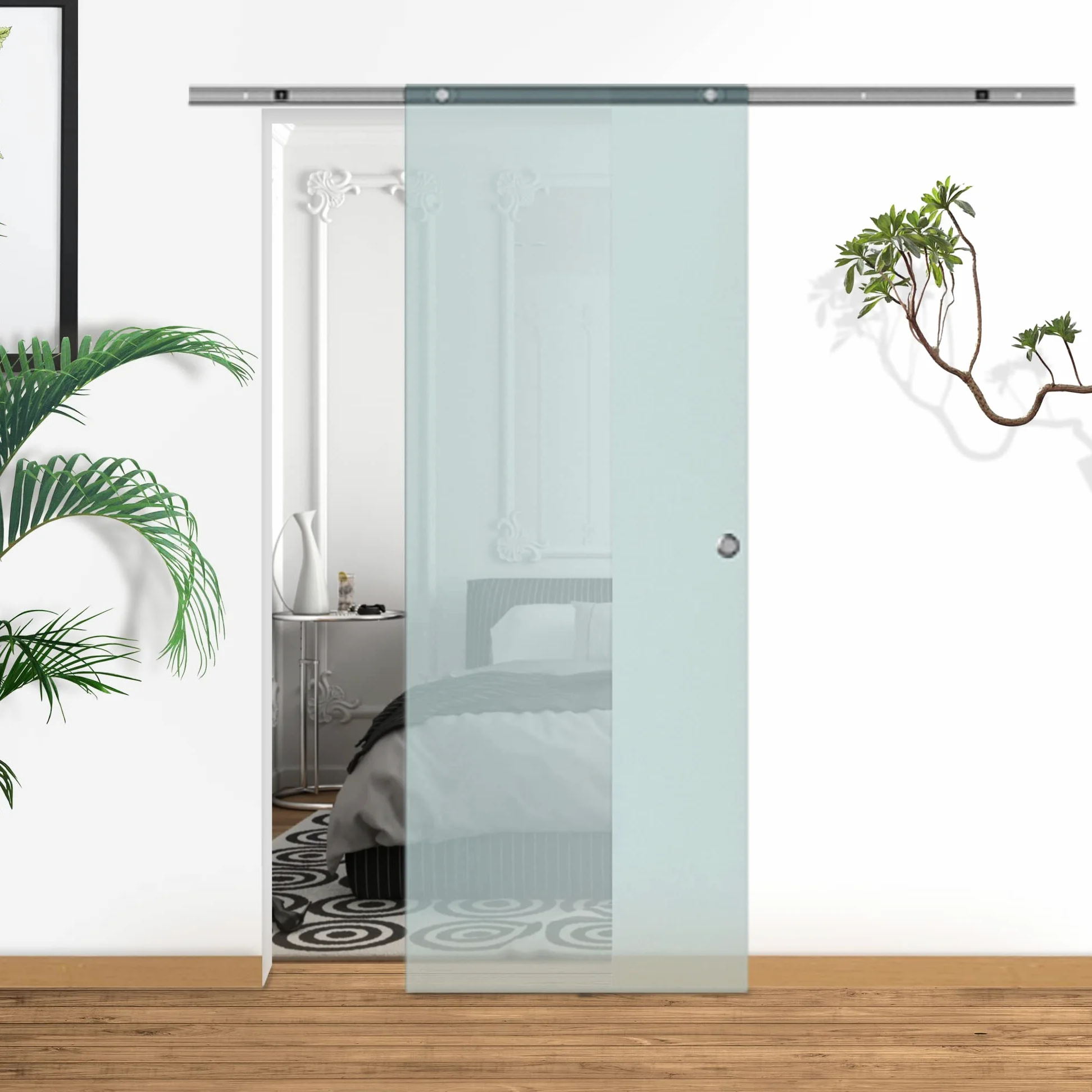 HOMCOM Porta Scorrevole in Vetro Smerigliato con Binario in Alluminio per Bagno Cucina Studio Vetro 205cm
